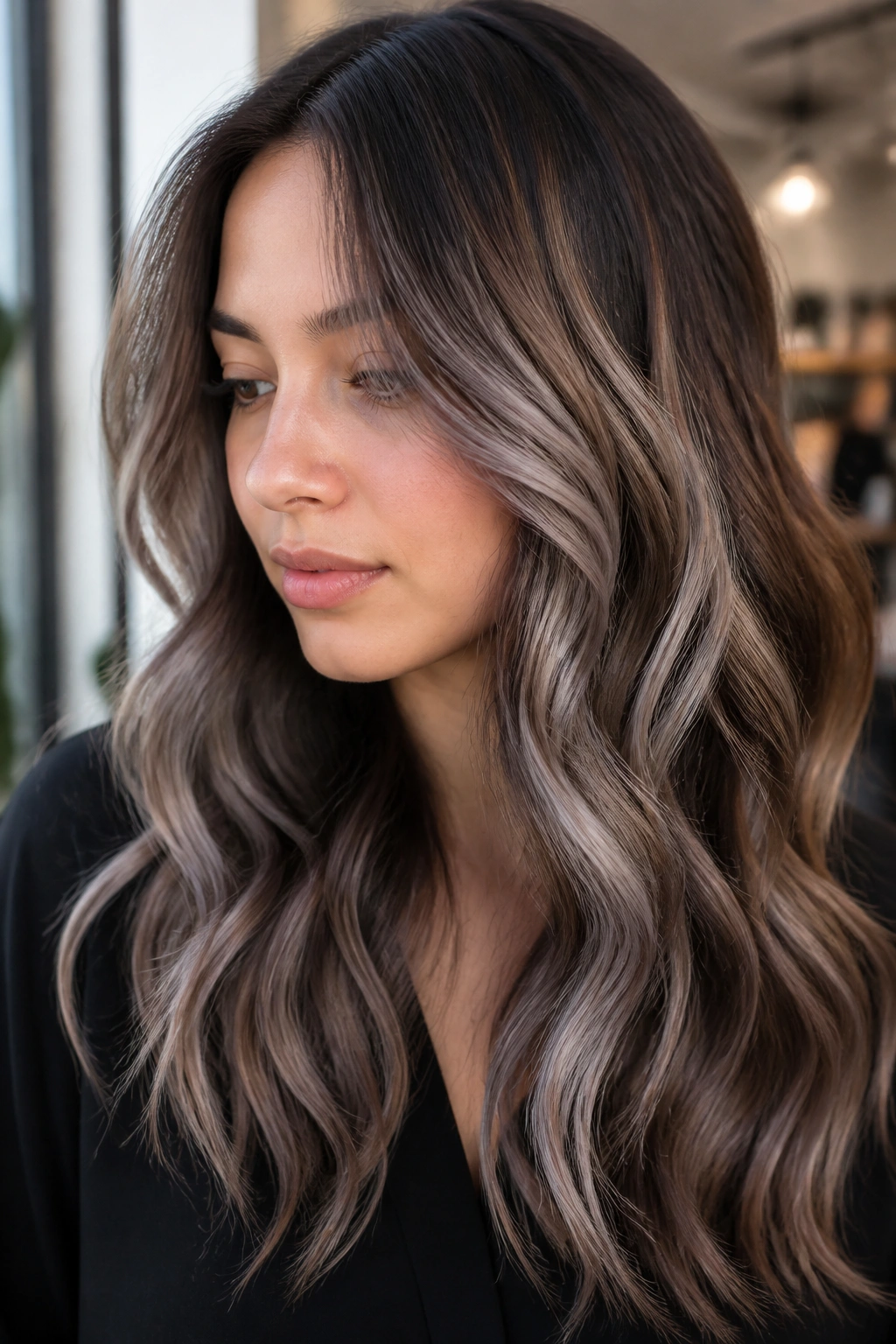 Close-up portrait of a real woman with medium-brown hair showing cool mushroom silver ribbons