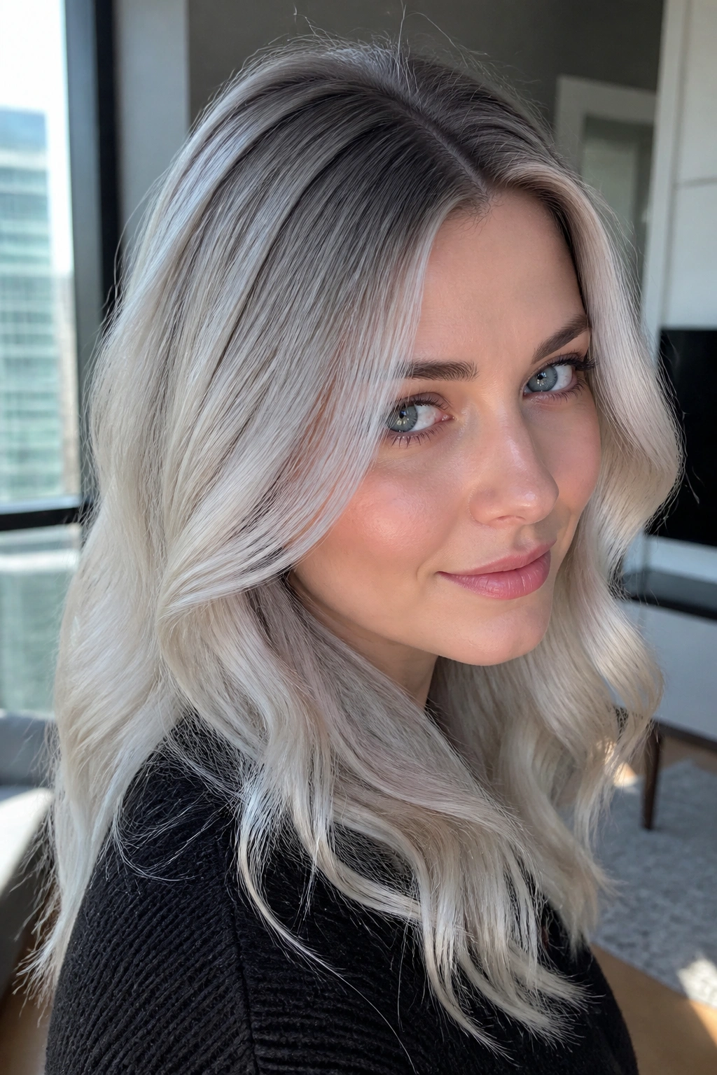 Portrait of a woman with a silver root melt showing deeper roots and silver midlength