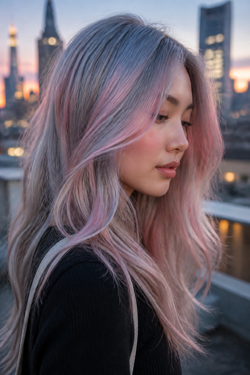 Close-up of silver rose balayage on a real person with urban dusk backdrop