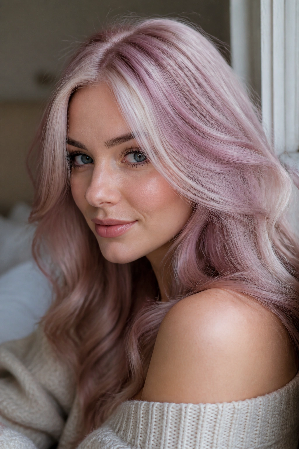 Close-up of a real woman with Silver Rose Blonde hair around crown and face frame