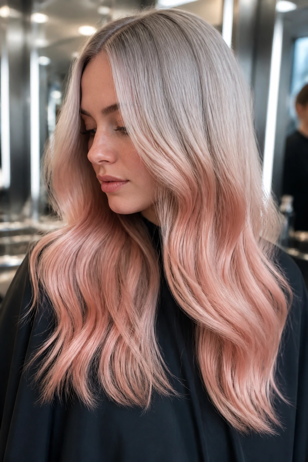 Close-up of a real woman with a silver rose gold melt from crown to ends.