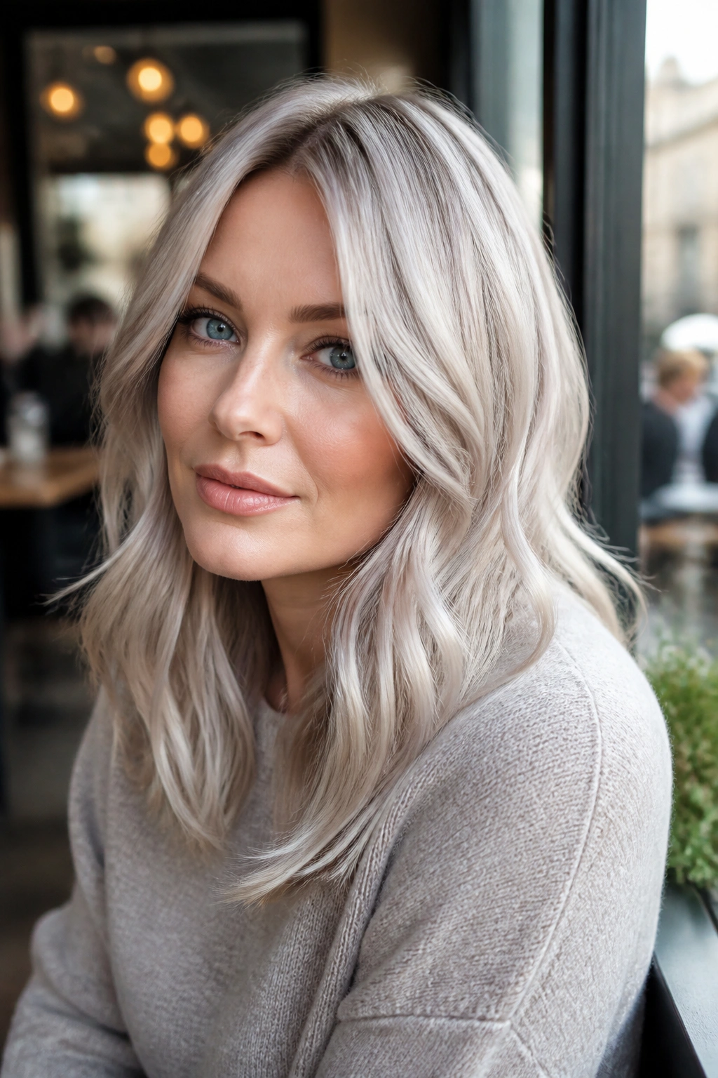 Portrait of a woman with icy silver-sand platinum blonde hair