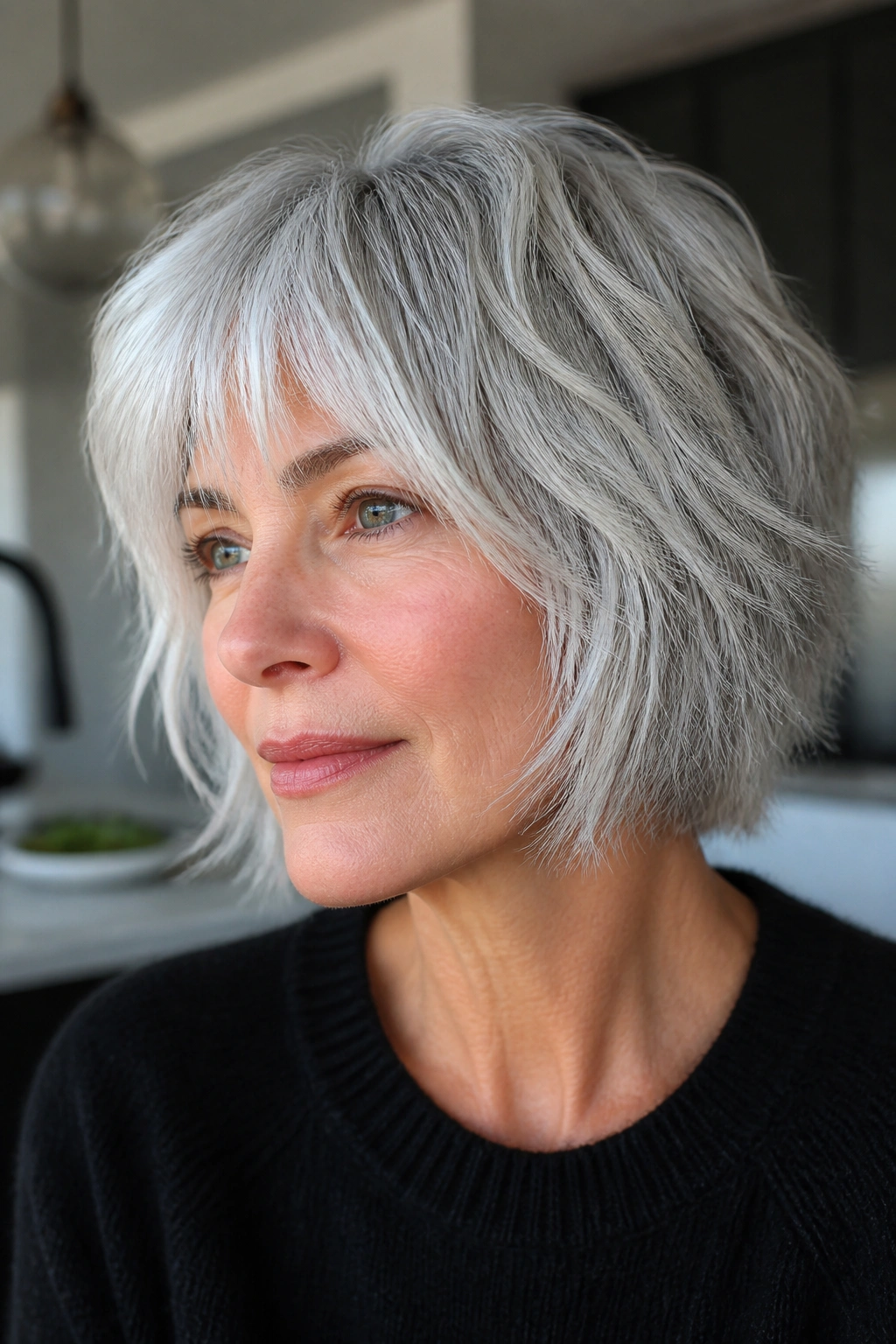 Close-up of a real woman with a silver shag bob and choppy ends