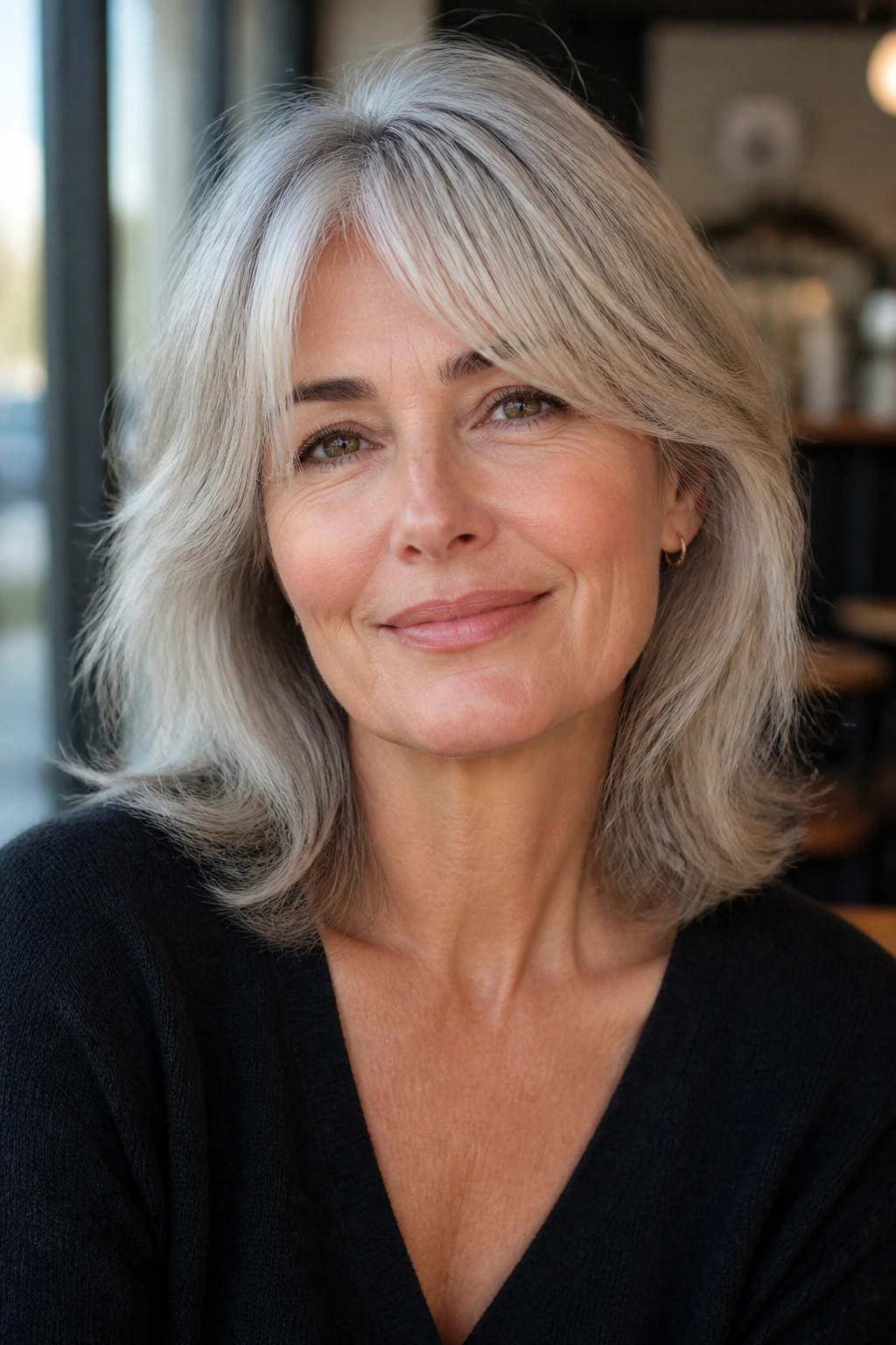 Medium close-up of a woman with shoulder-length silver shag and curtain bangs under natural daylight.