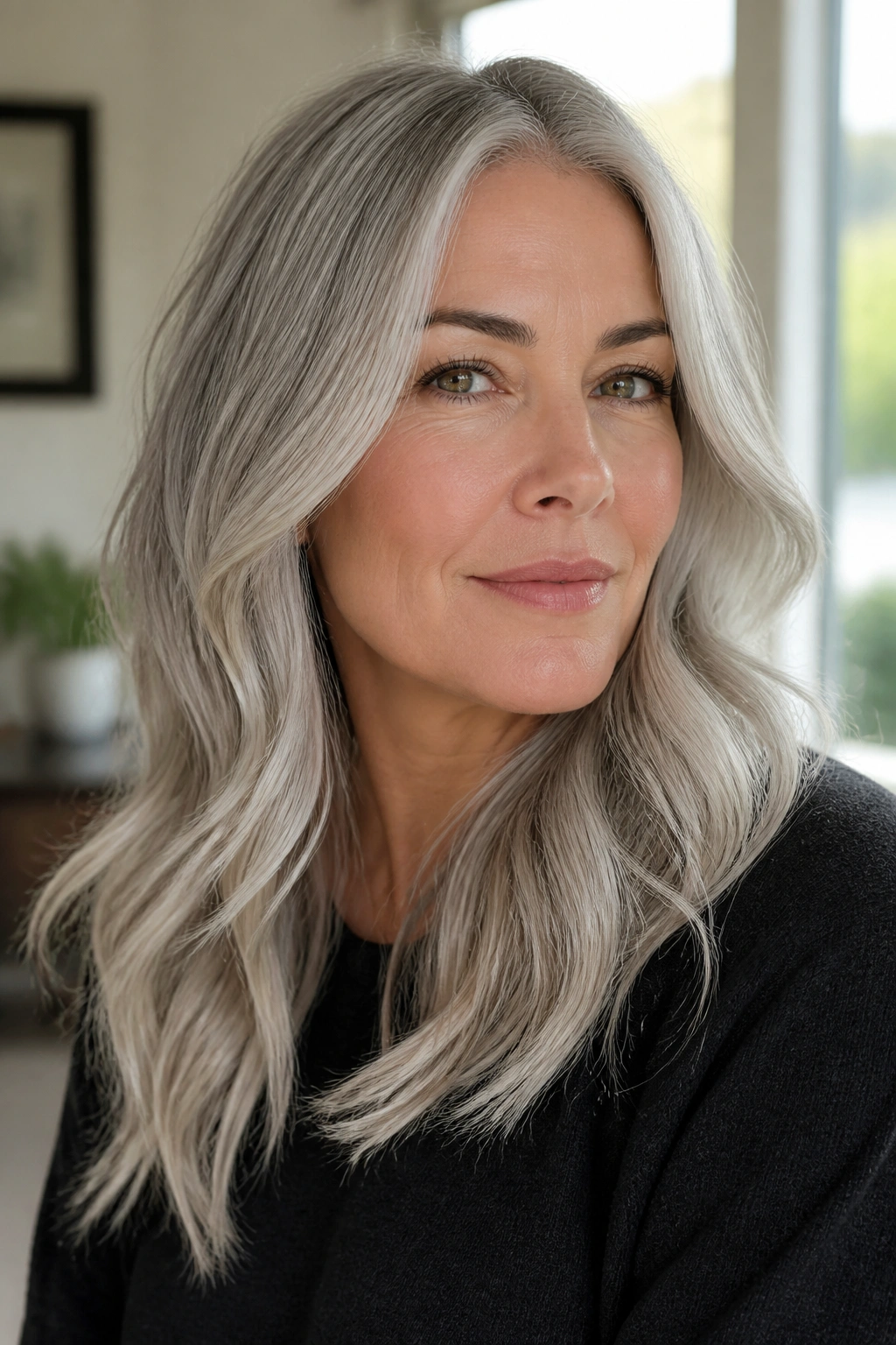 Close-up of a real person with silver smoke hair