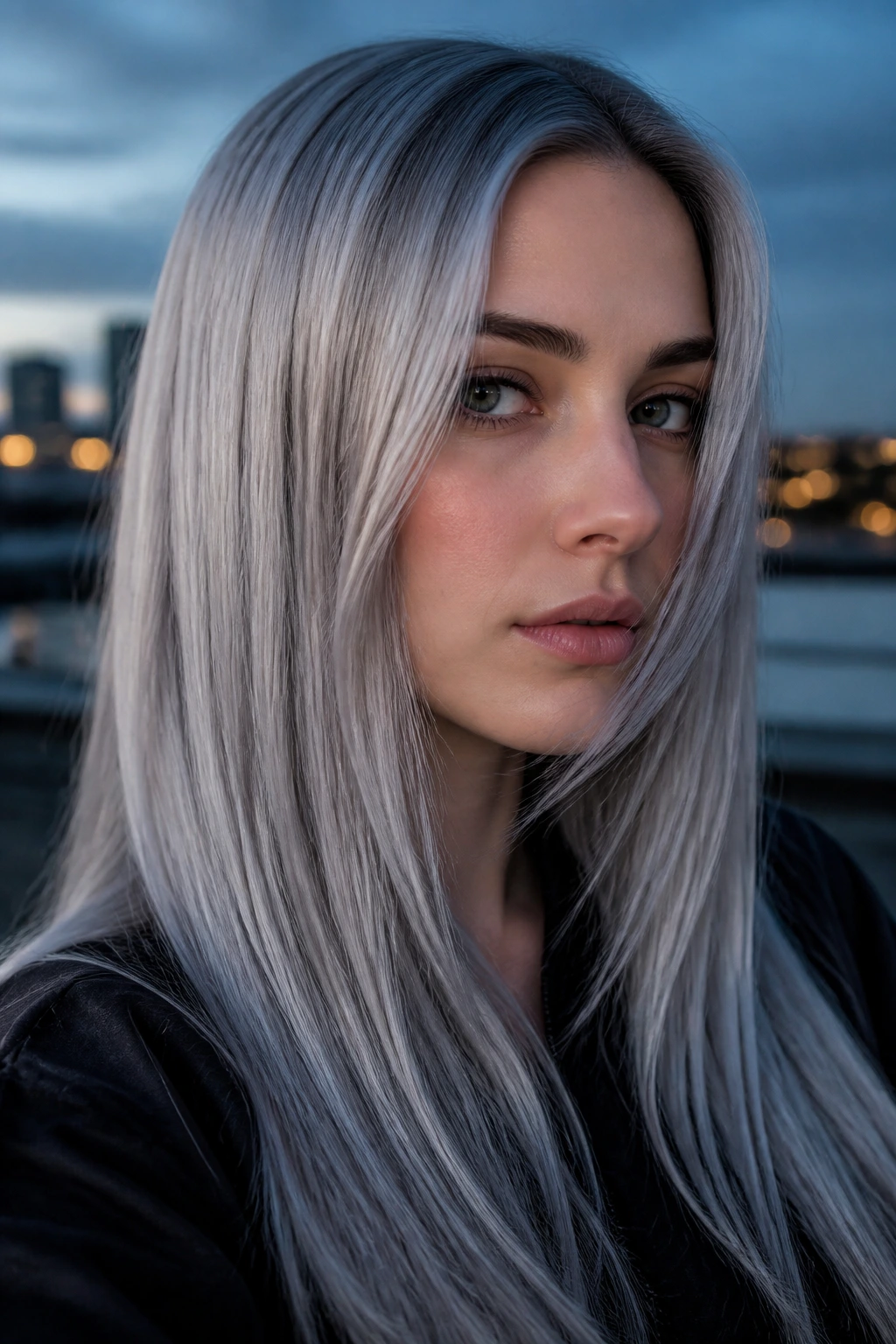Close-up of real woman with Silver Smoke hair on straight hair at blue hour