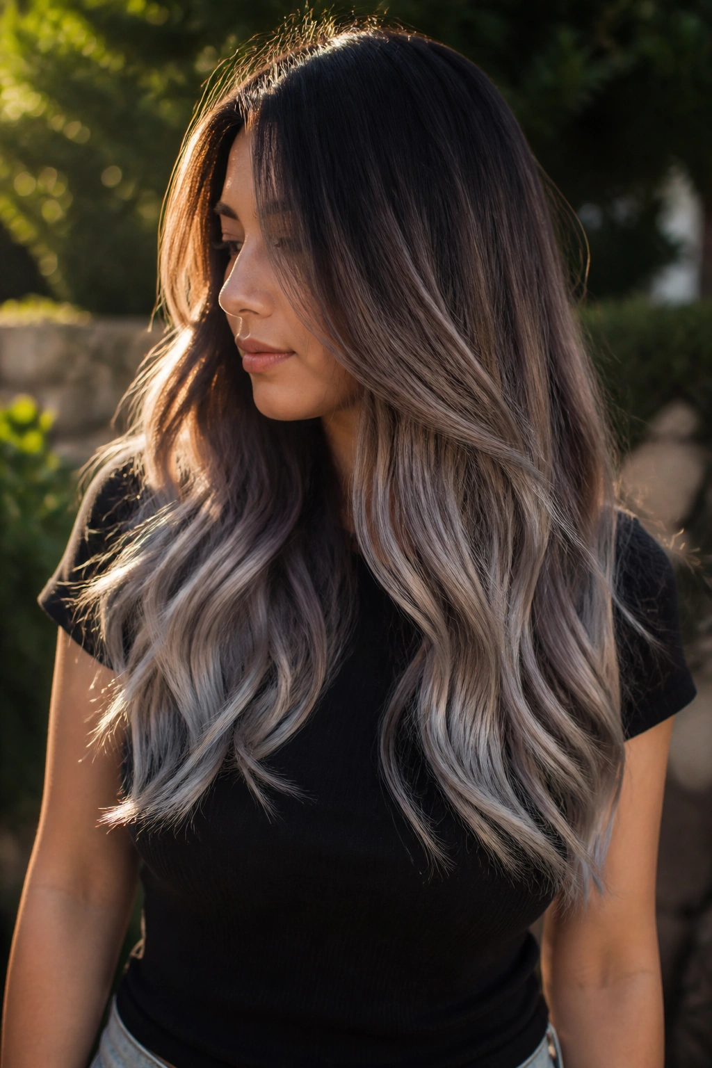 Long brown-haired woman with silver-smoke balayage melt