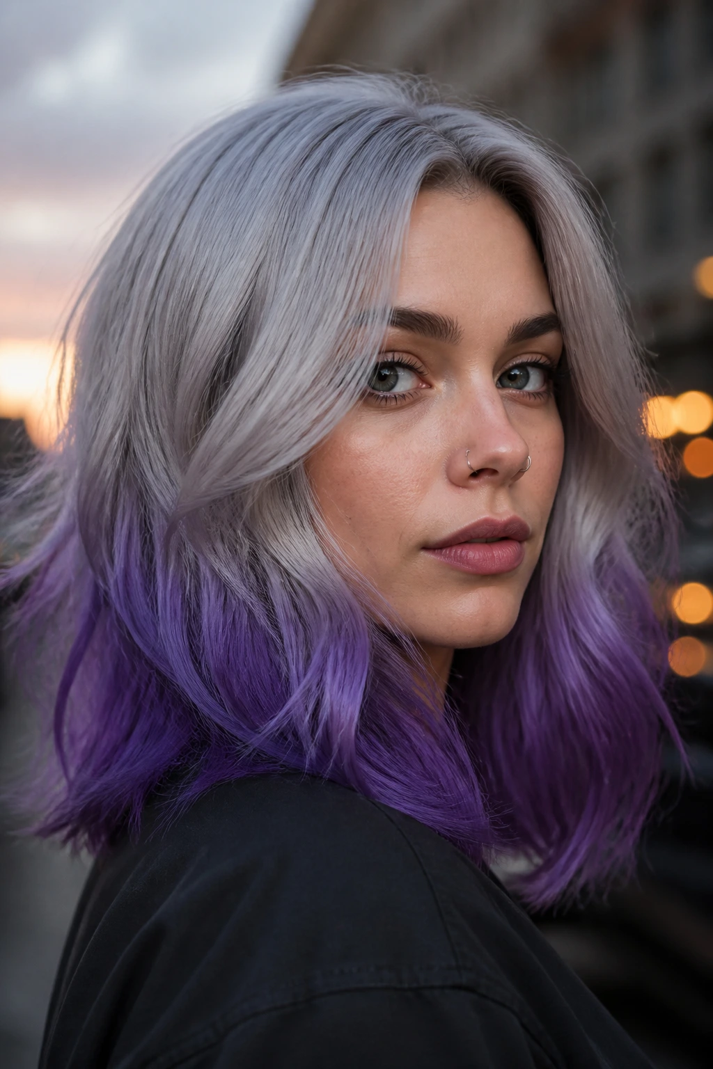 Close-up portrait of a real woman with silver smoke hair and purple ends