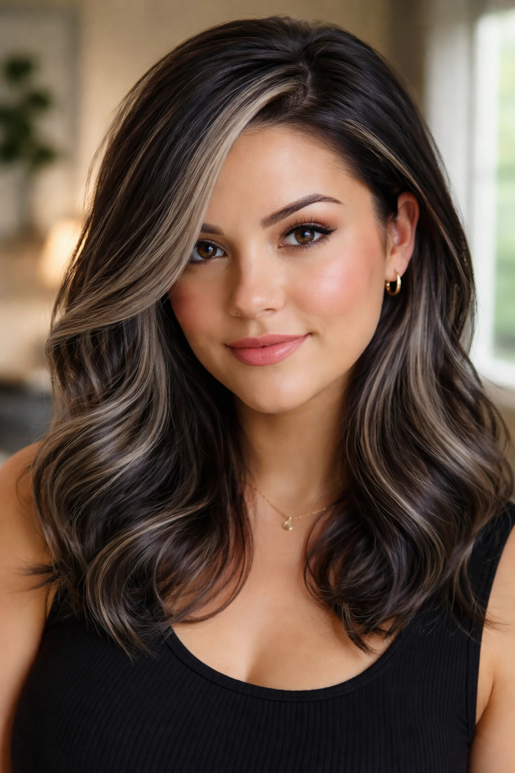 Close-up of a real person with silver smoke highlights and a side part
