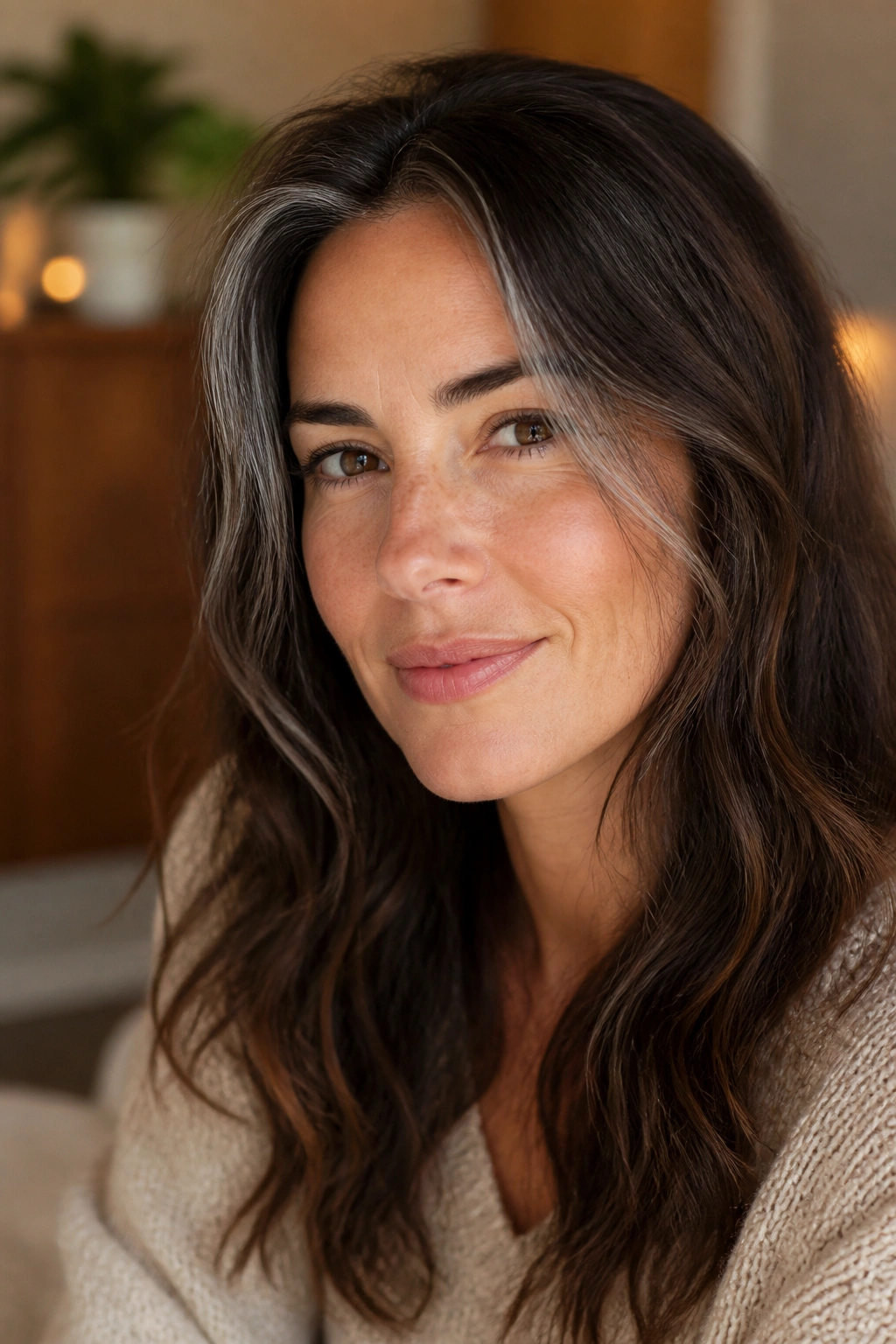 Close-up of brown hair with a few silver accent strands near the face
