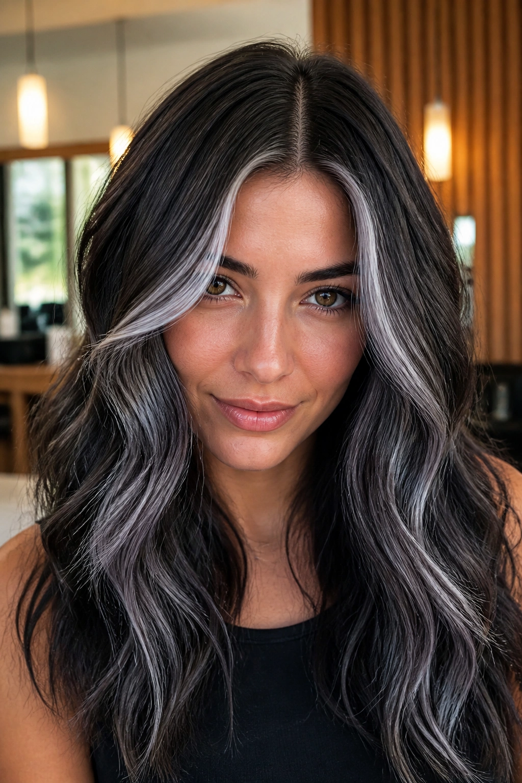 Real woman with high-contrast silver strands in brown hair