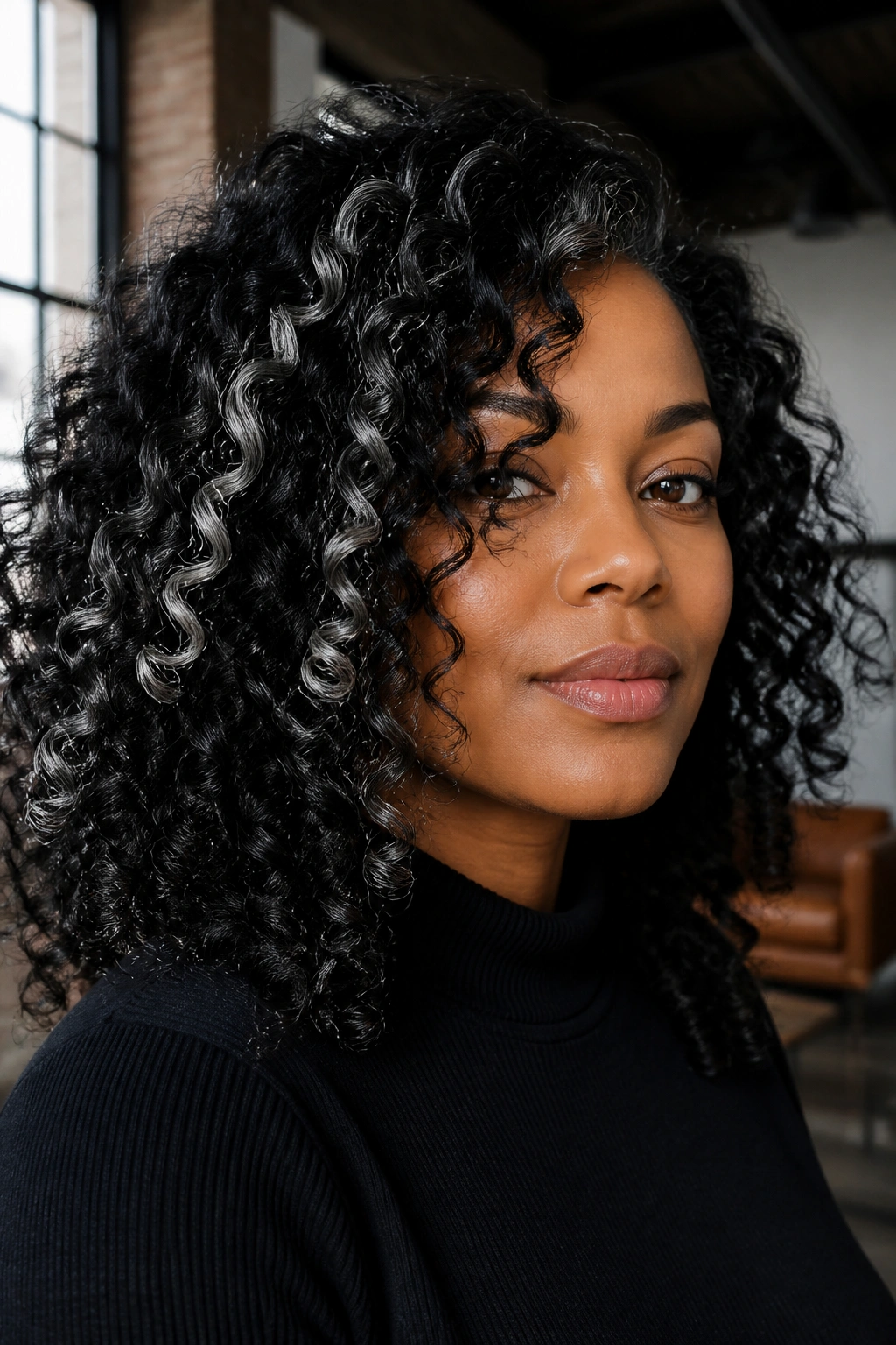 Close-up of black curls with silver streaks in a modern loft setting