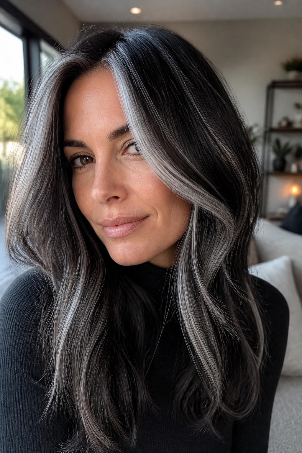 Close-up of a real woman with deep brown hair and high-contrast silver streaks framing the face