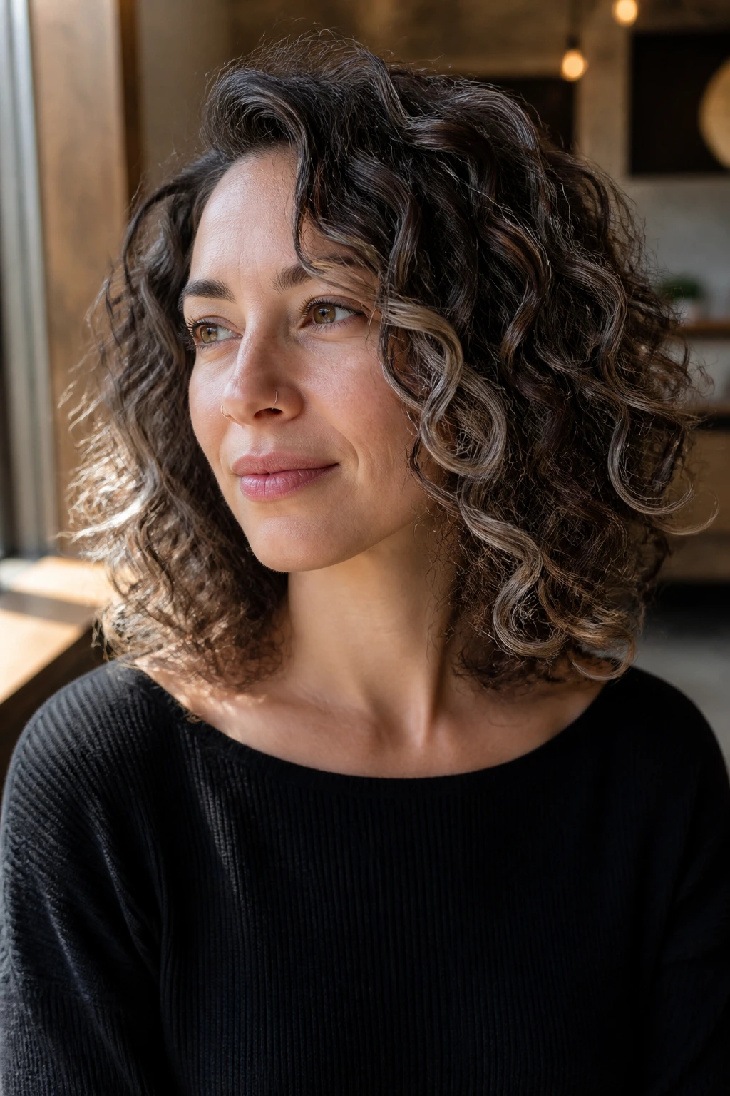 Close-up of curly brown hair with subtle silver streaks highlighting curls