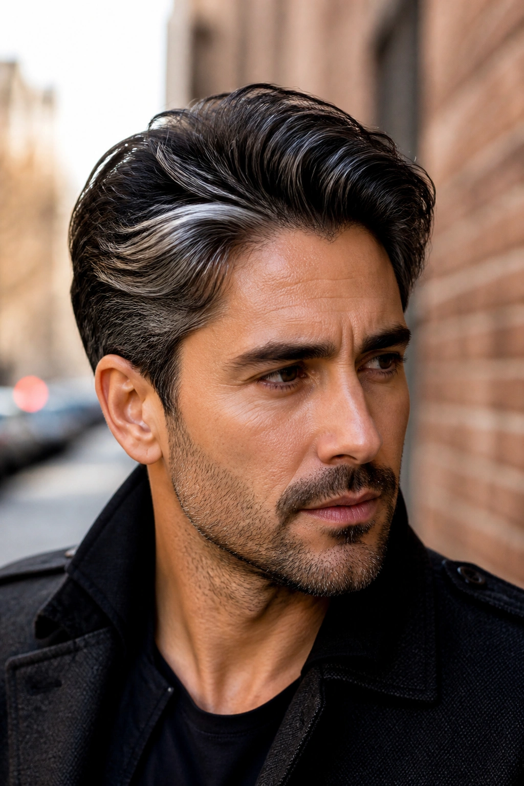 Close-up portrait of a man with silver streaks in dark hair in an urban outdoor setting