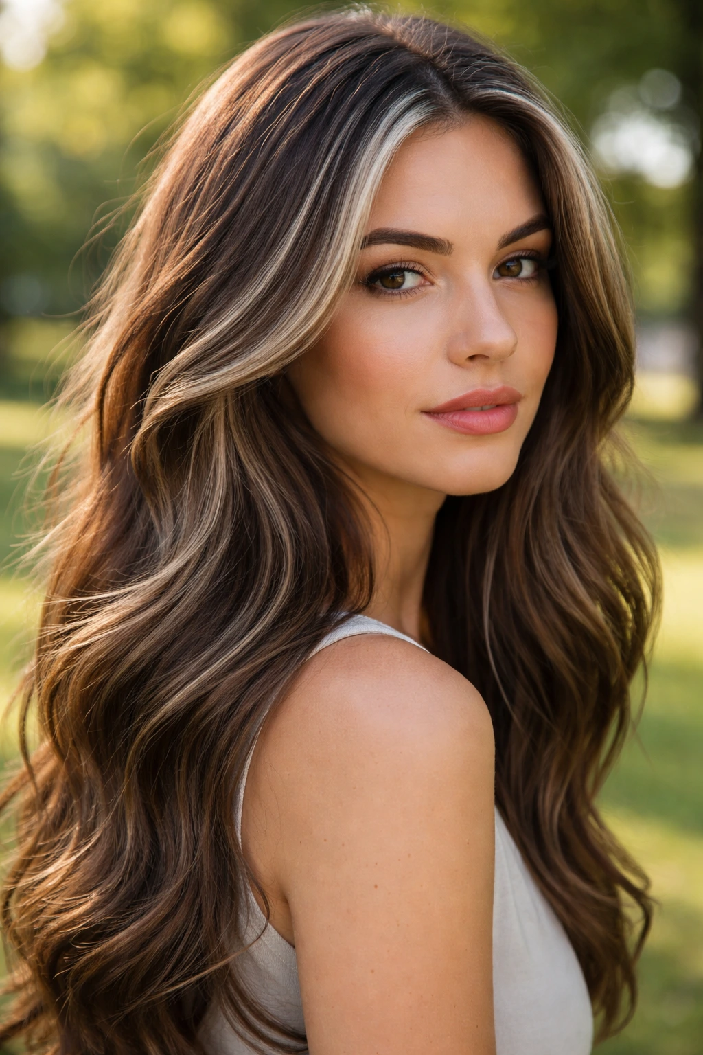 Close-up portrait of a real person with subtle silver streaks in brown hair.
