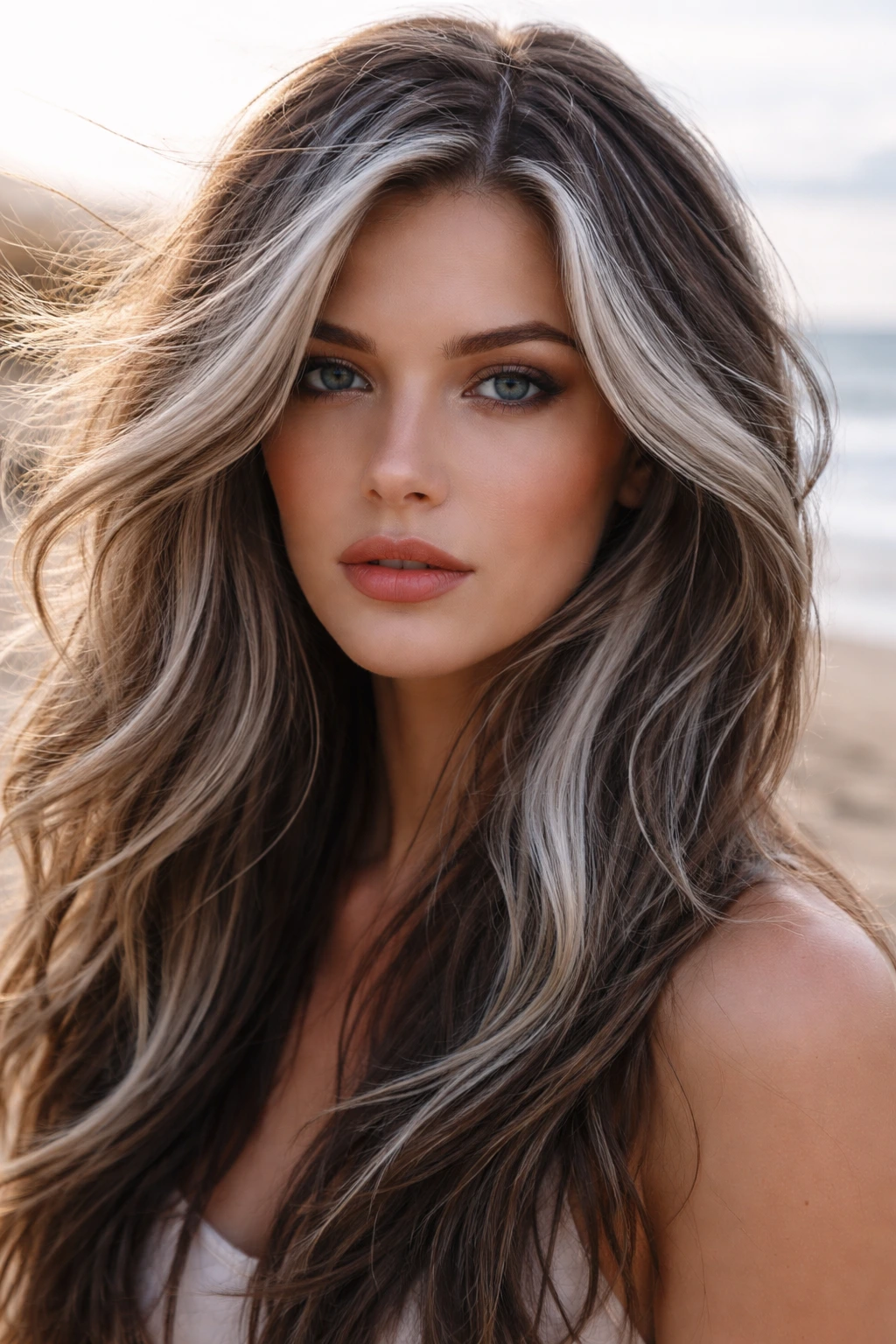 Real person with moonlit silver streaks in hair, close-up portrait.