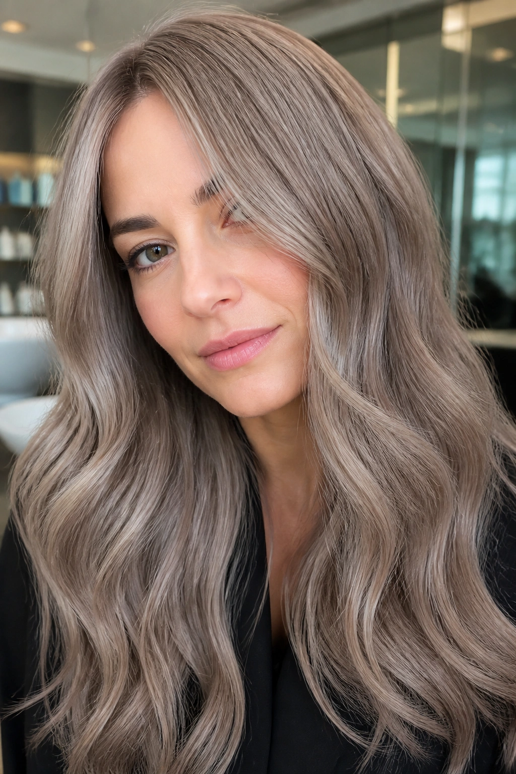Close-up of hair with silver taupe gloss on a real woman