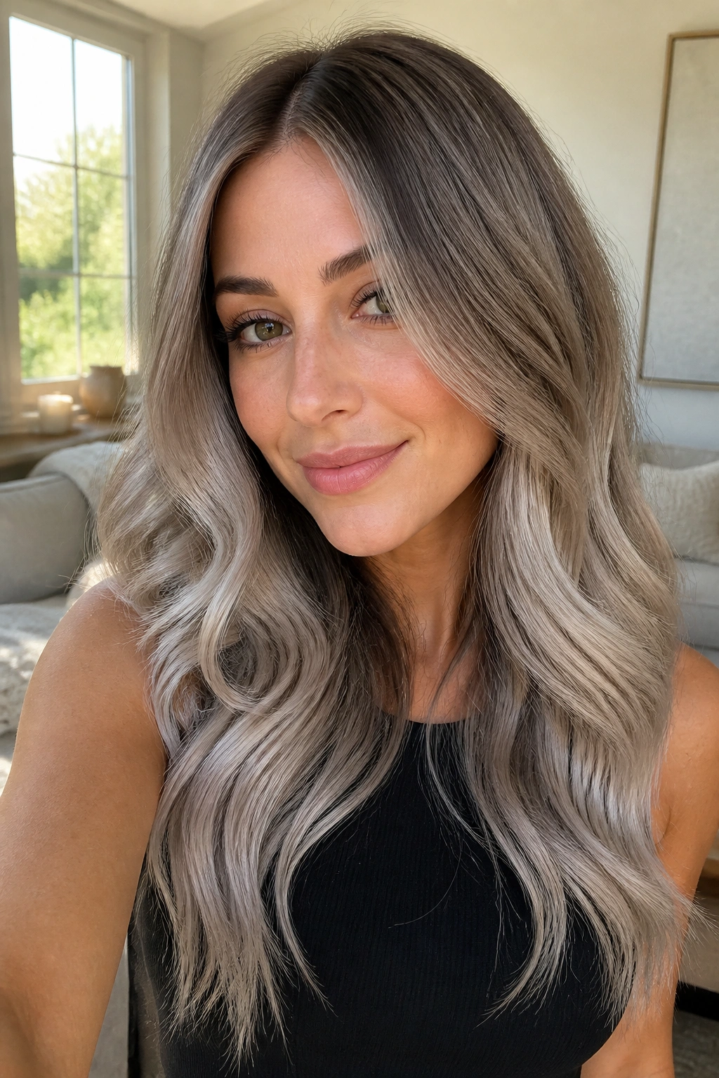 Close-up of a real woman with silver taupe ombre on long hair.