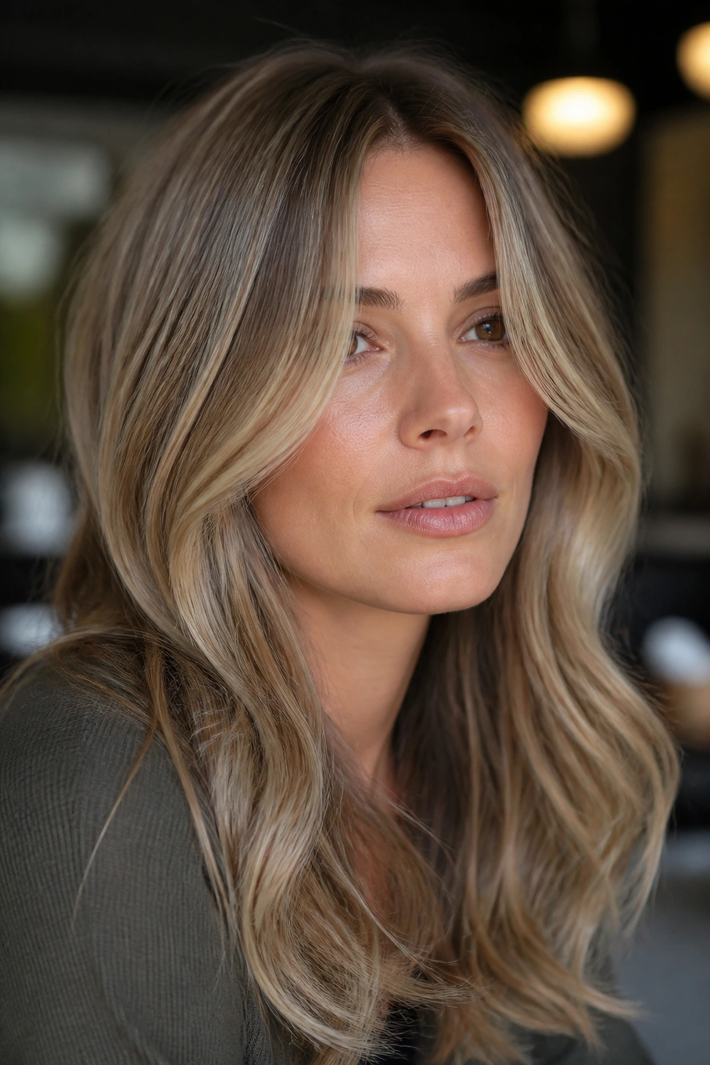 Close-up portrait of a real woman with smoked honey blonde hair and fine silver-beige lowlights