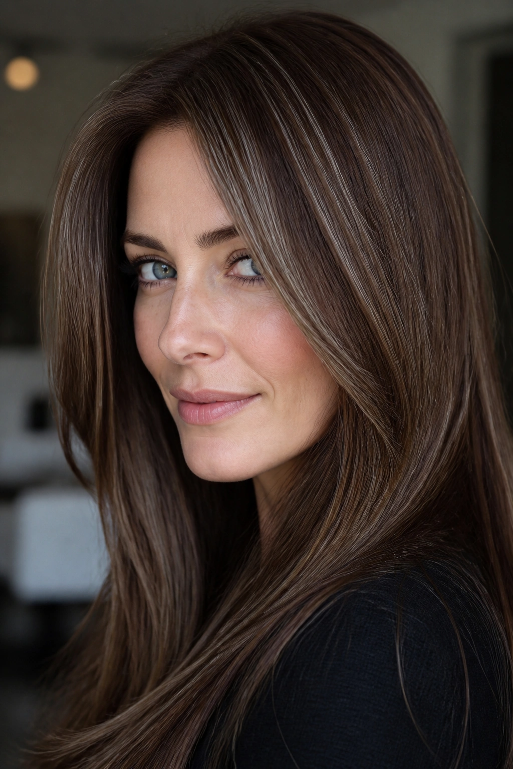 Close-up portrait of a real woman with chestnut hair and silver thread highlights.