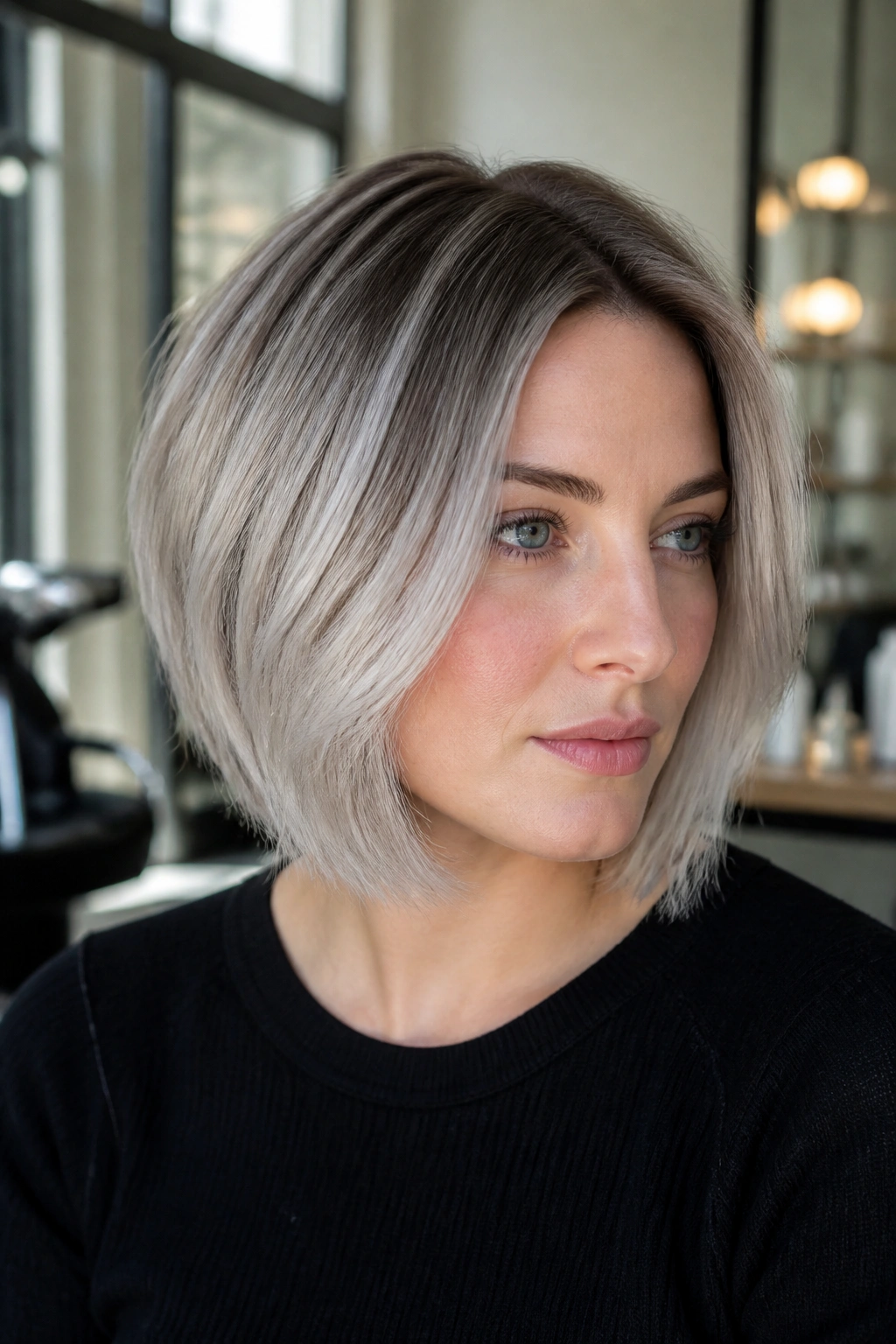 Close-up portrait of a woman with a silver tipped bob and soft layers in a bright salon