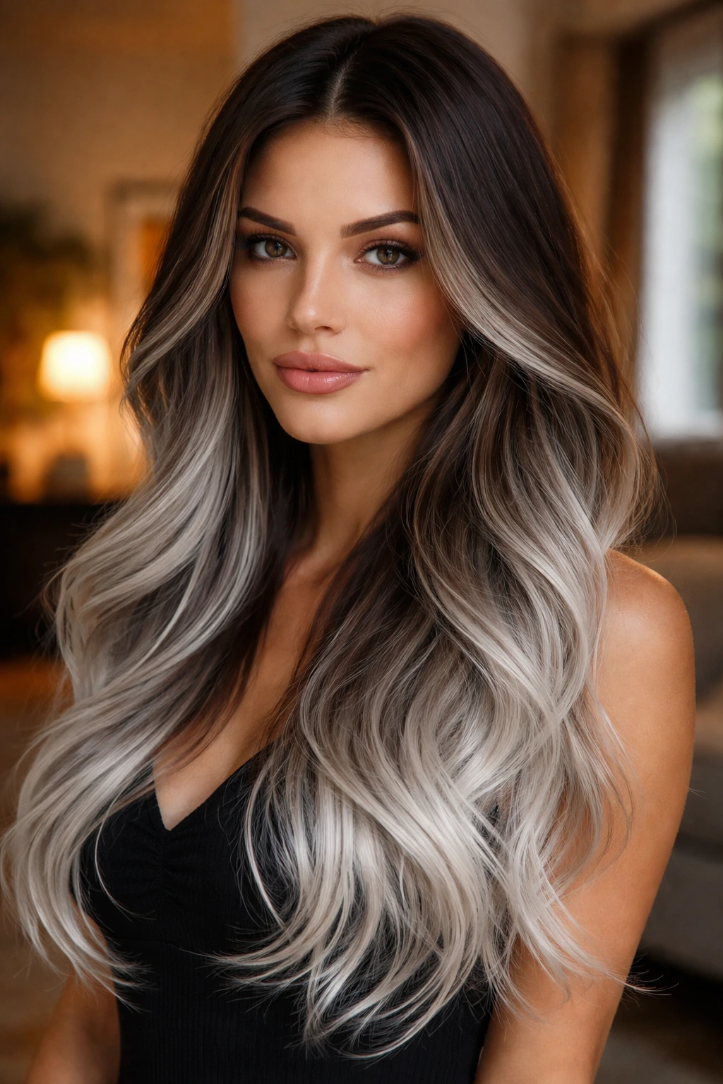 Portrait of a real woman with silver-tipped ombré hair in a warm living room