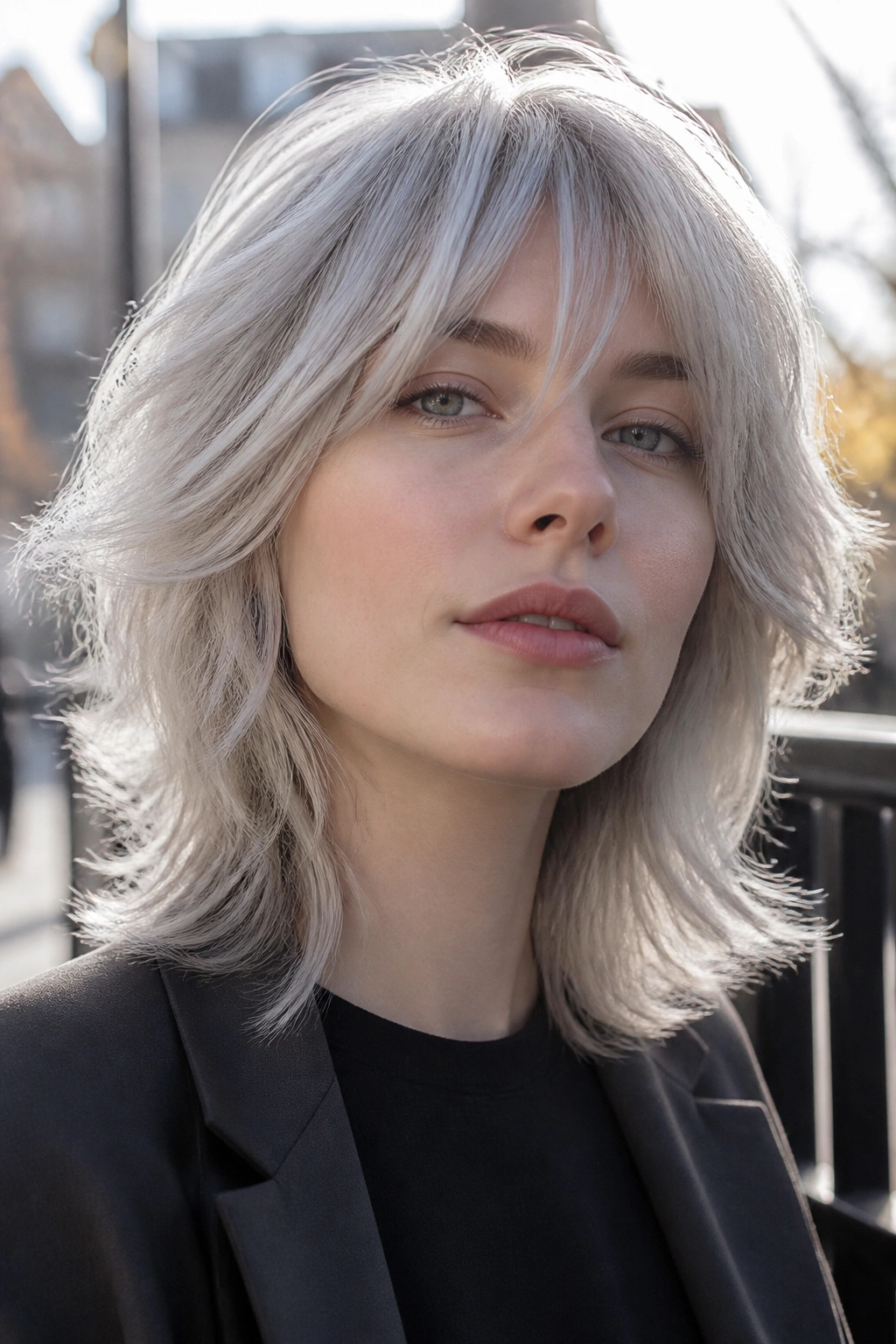 Real person with silver-toned airy shag hairstyle.