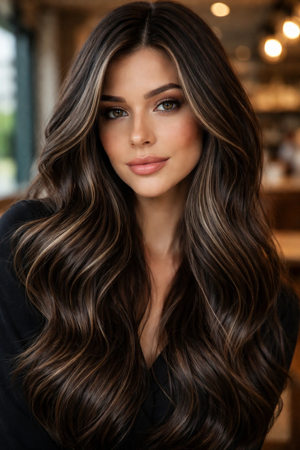 Close-up portrait of a real woman with Silver-Toned Espresso hair color and silver babylights.
