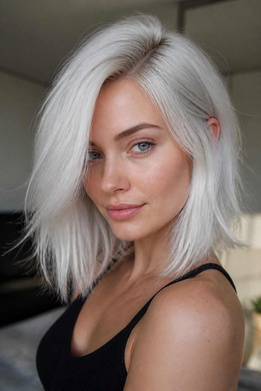 Close-up of a real person with silver-toned white blonde hair in natural window light