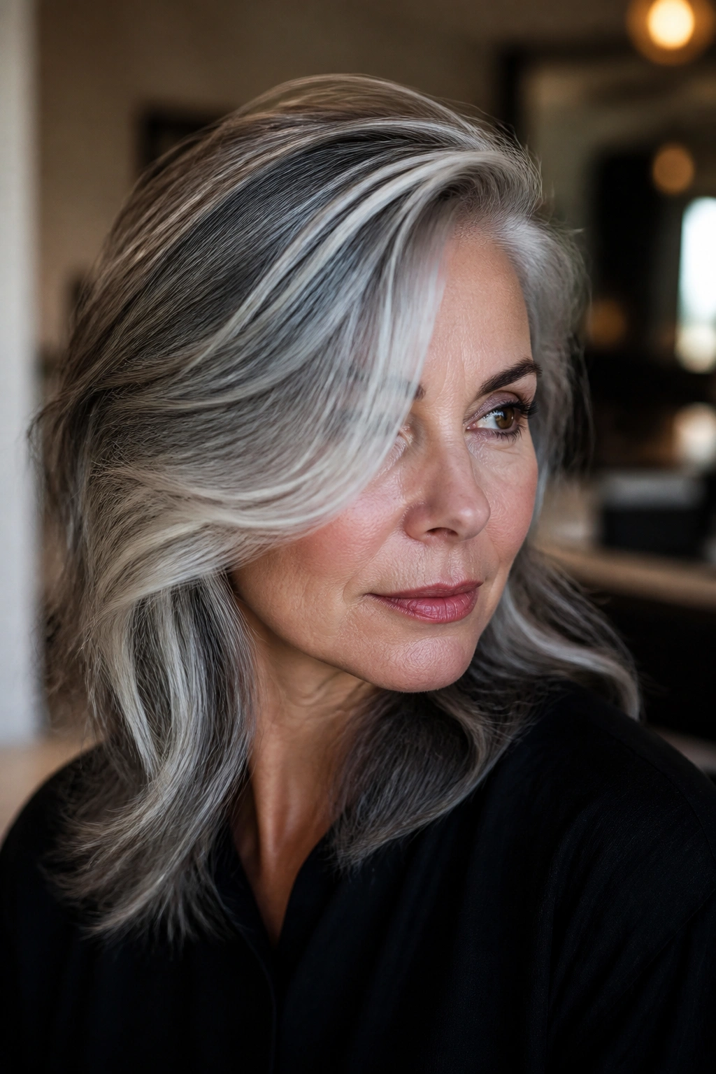 Portrait of a real person with a deep side-swept silver fringe and diagonal silver path.