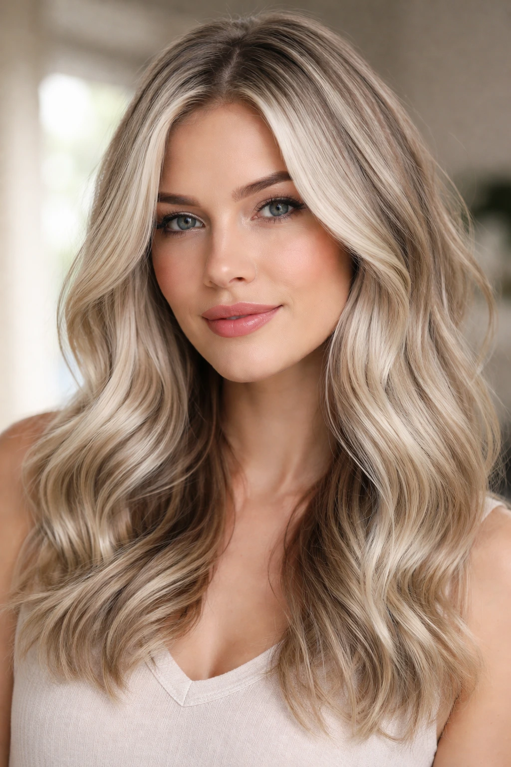 Portrait of real person with silver-vanilla highlights in cool-toned hair.