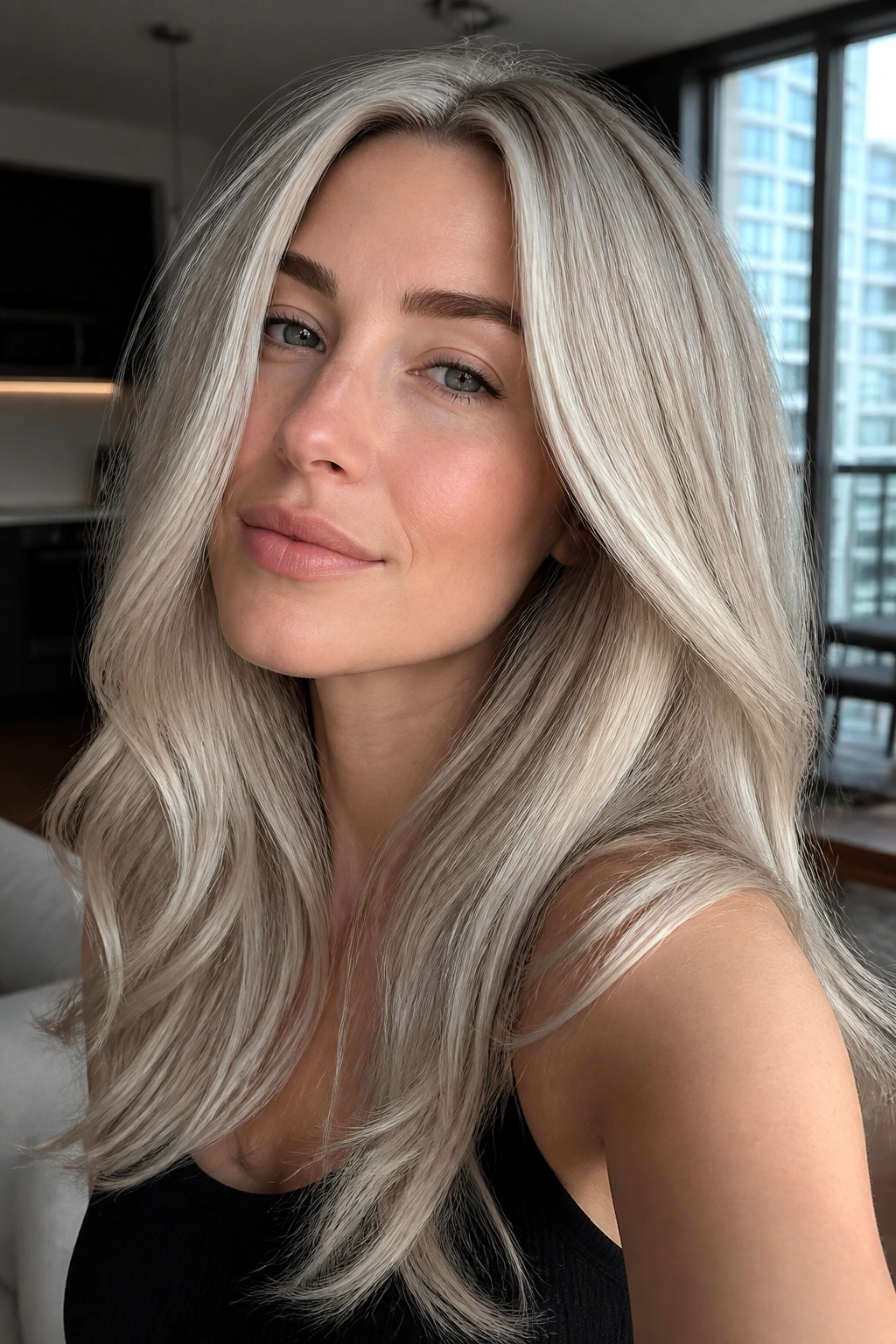 Real woman with silver veil champagne hair and cool silver overlay