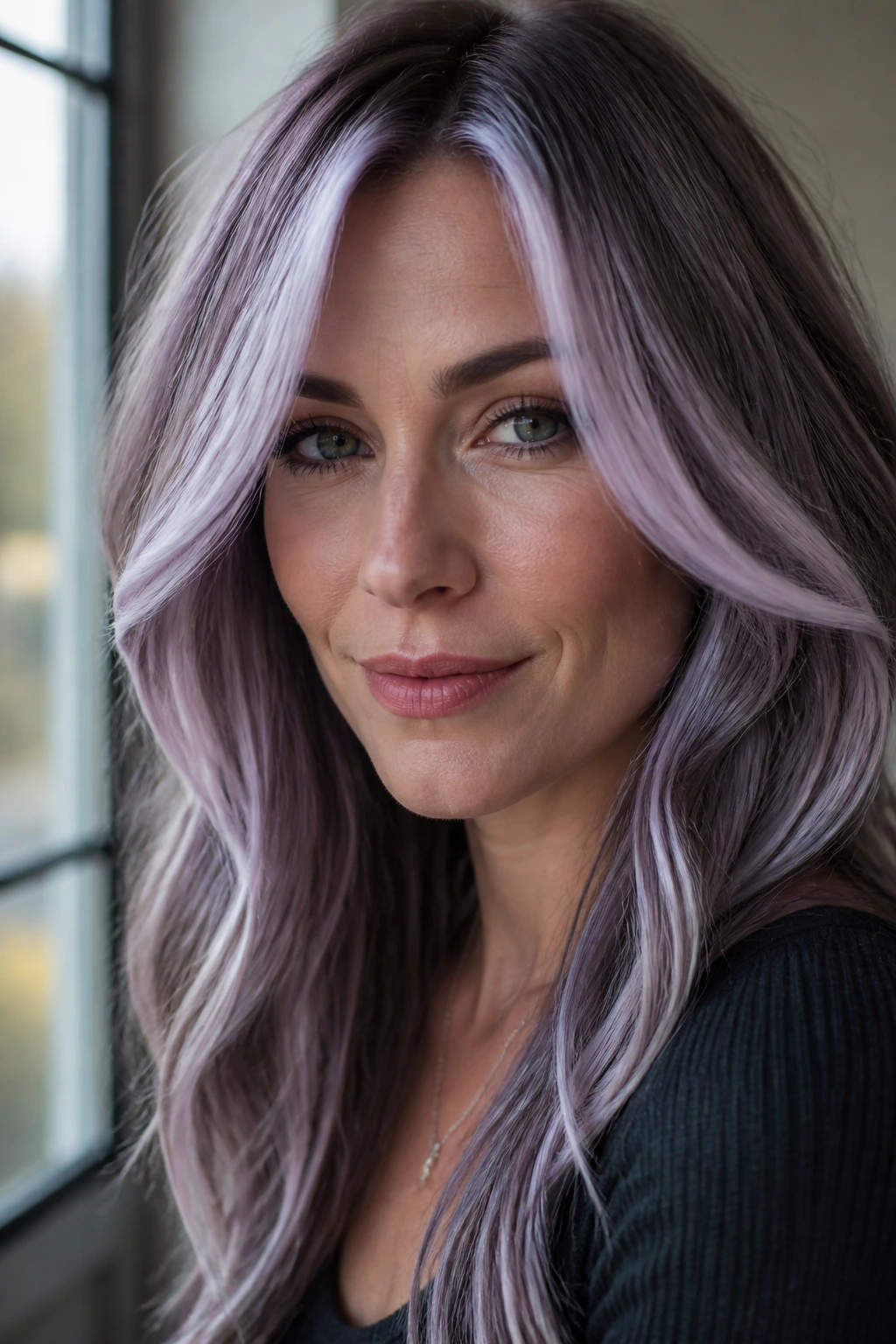 Close-up of a real woman with silver-violet face-framing layers around her cheekbones.
