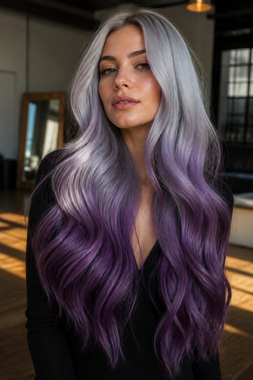 Portrait of real woman with silver to violet gradient hair