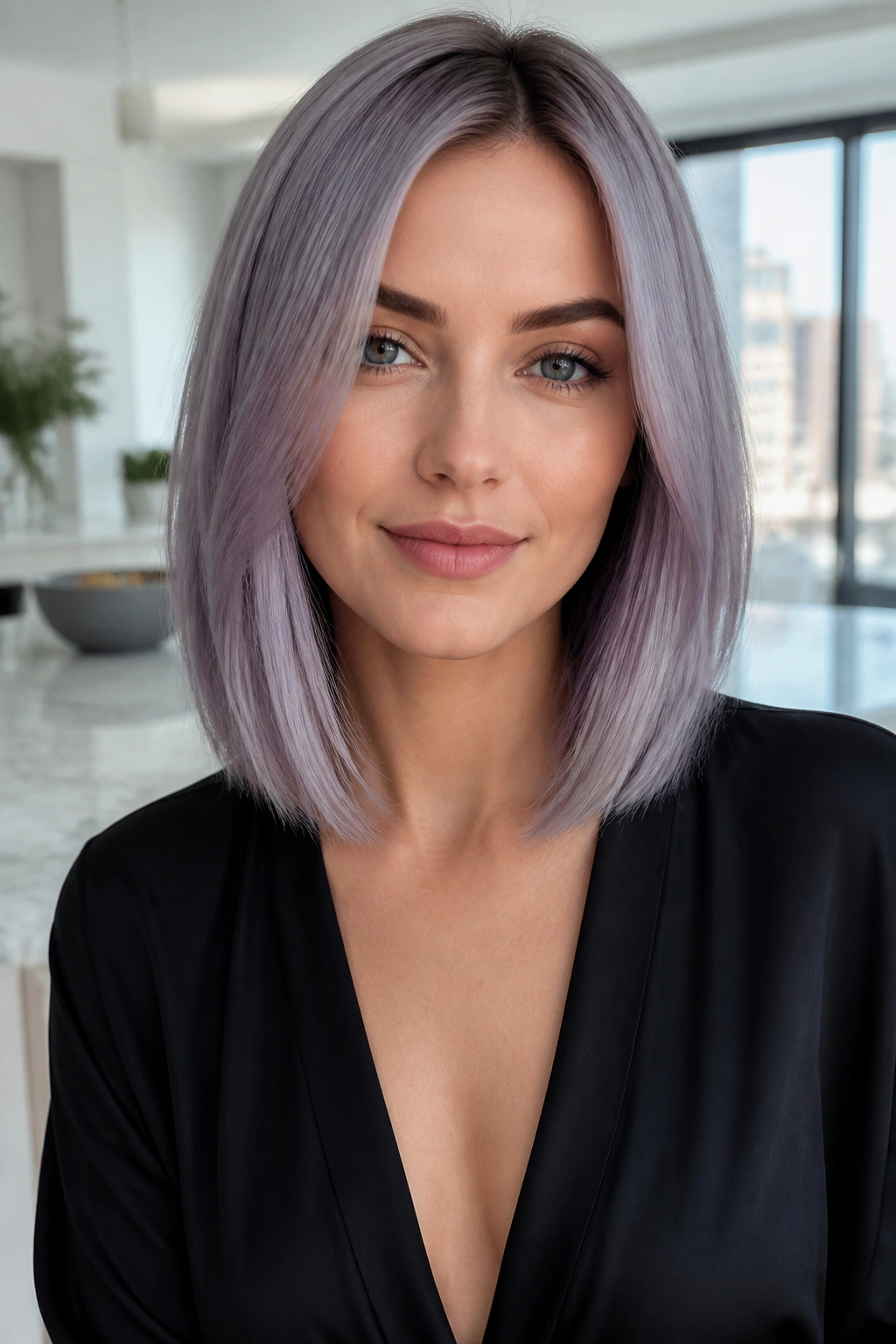 Close-up portrait of a woman with silver violet hair in a sleek lob.