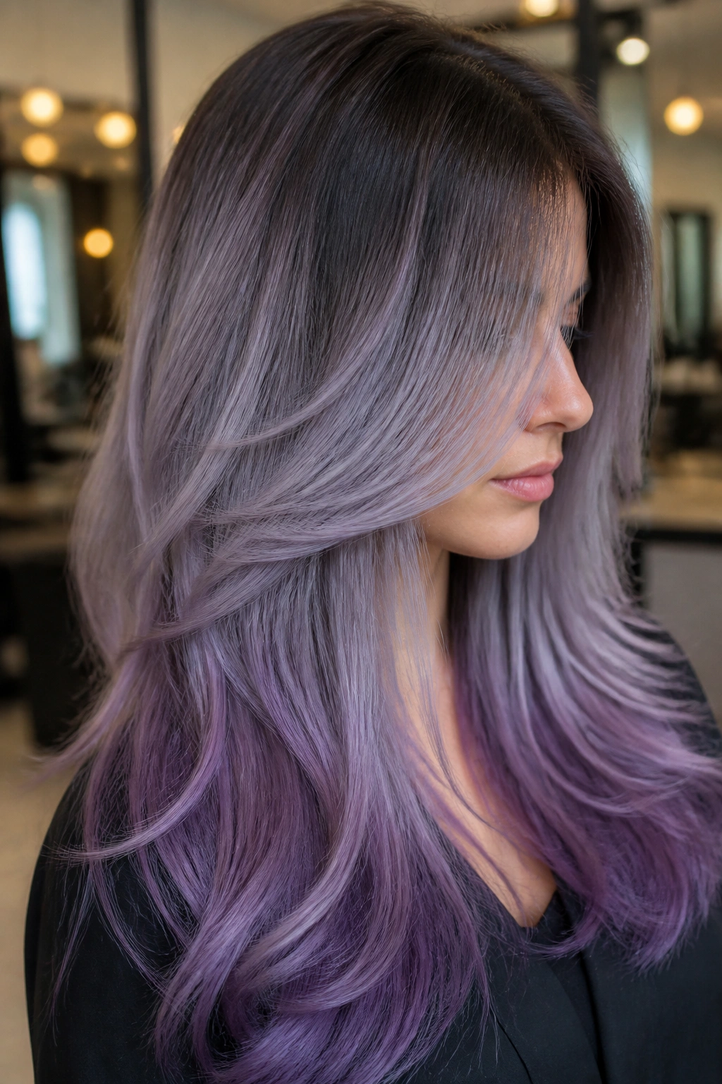 Close-up of long layered hair with a silver-violet melt gradient on a real person.