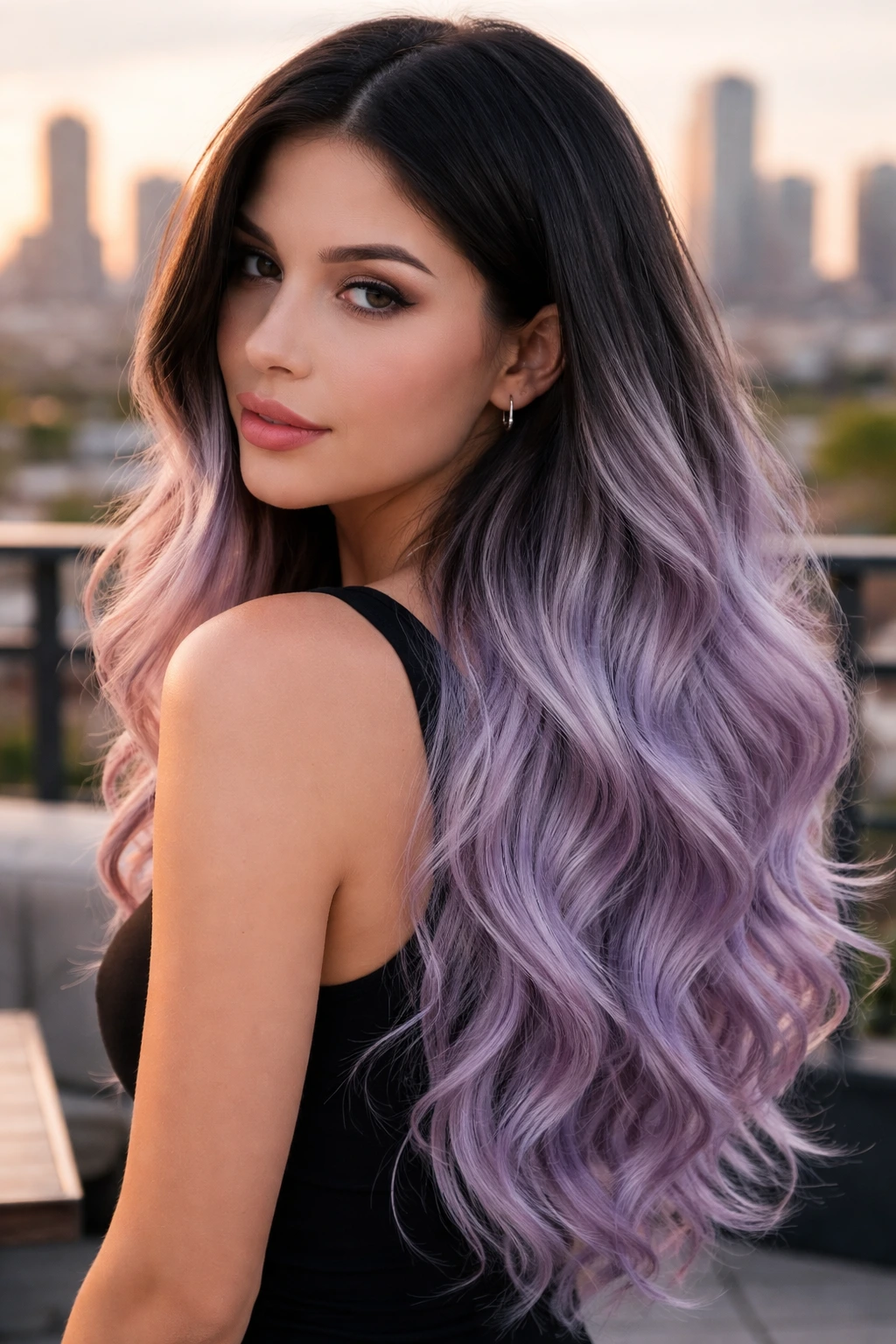 Close-up of a real woman with silver-violet ombré hair