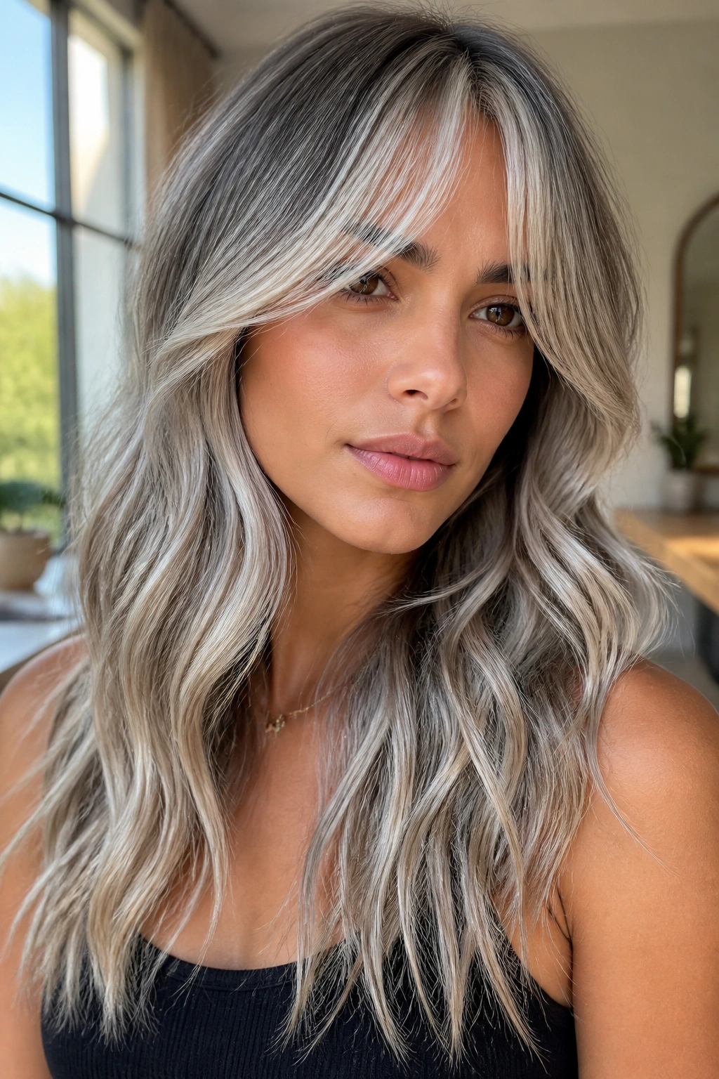 Close-up of a real woman with silver waves and curtain bangs in a bright cozy room.