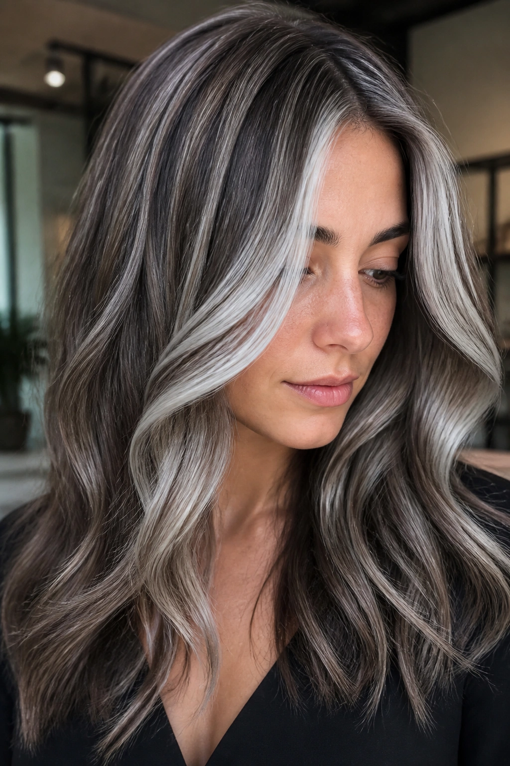 Real person with cool ash brown hair and silver-white balayage near the face