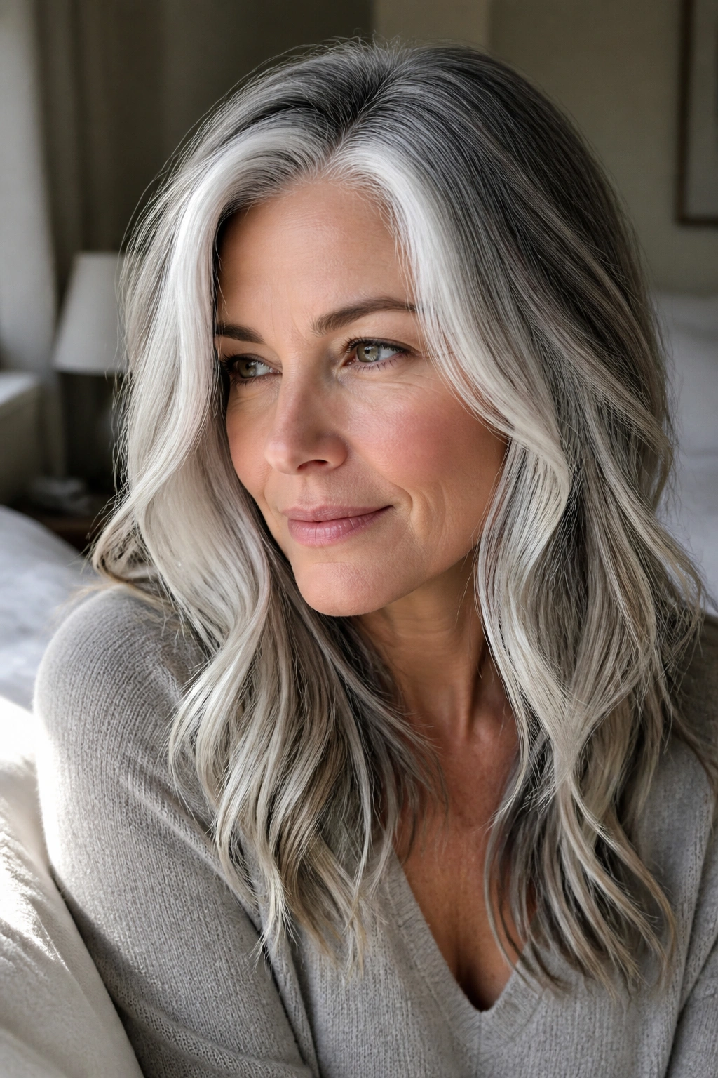 Close-up of a real woman with silver-white balayage showing soft grow-out.