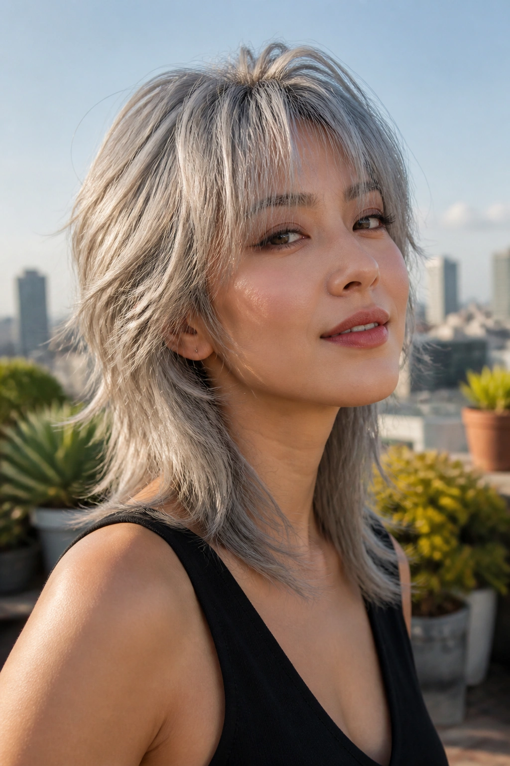 Close-up of a real person with a silver wolf cut and airy ends in golden hour rooftop setting