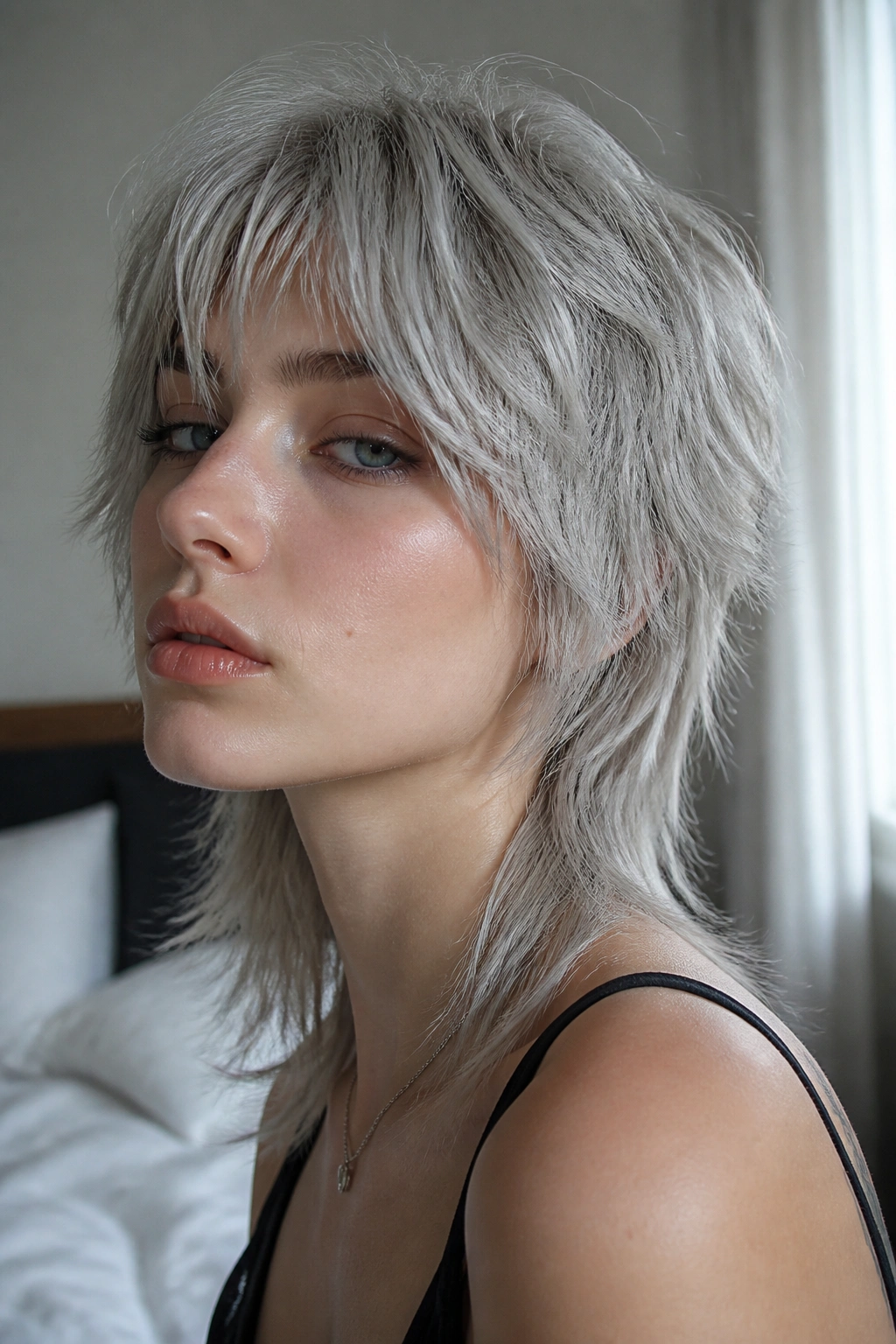 Close-up portrait of a real person with a silver wolf cut hairstyle featuring layered crown and tousled ends.