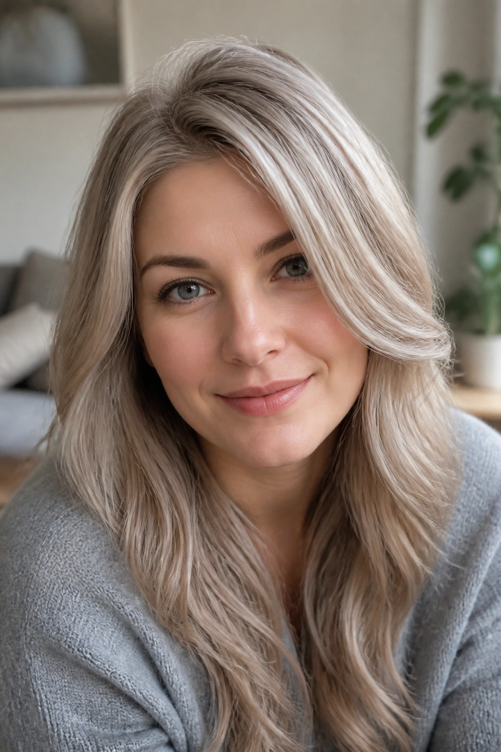 Real person with silvery beige ash hair, close-up portrait.