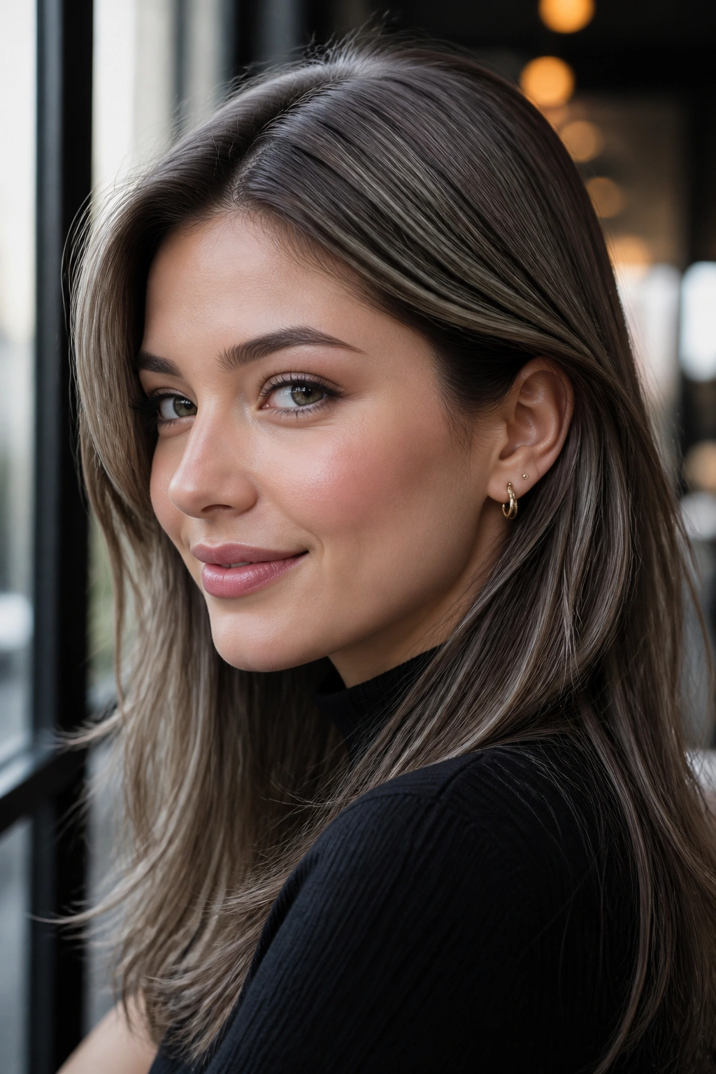 Close-up of a real woman with silvery brown gloss over brunette base, highlighting shiny hair.