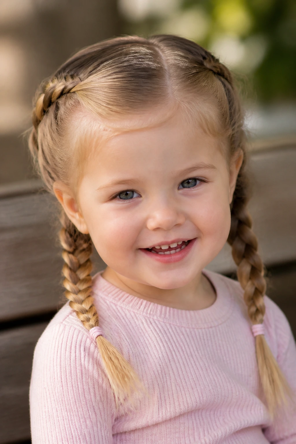 Close-up of toddler with simple pigtail braids in sunny setting