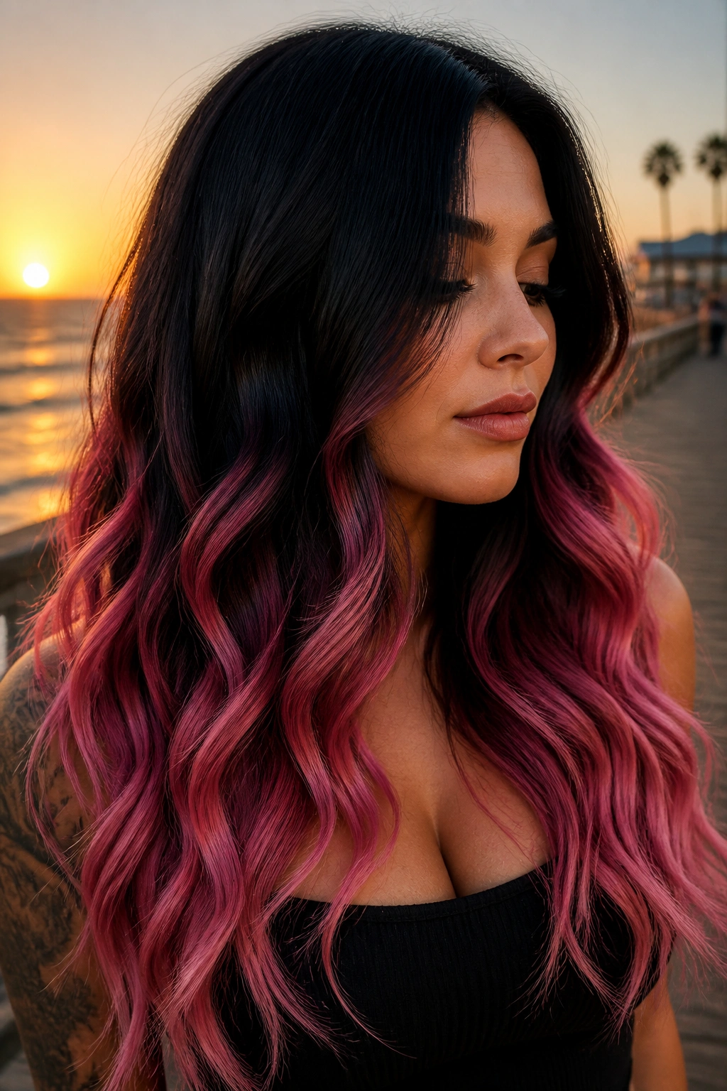 Close-up portrait of a real woman with black base and siren pink mermaid waves near a sunset backdrop.