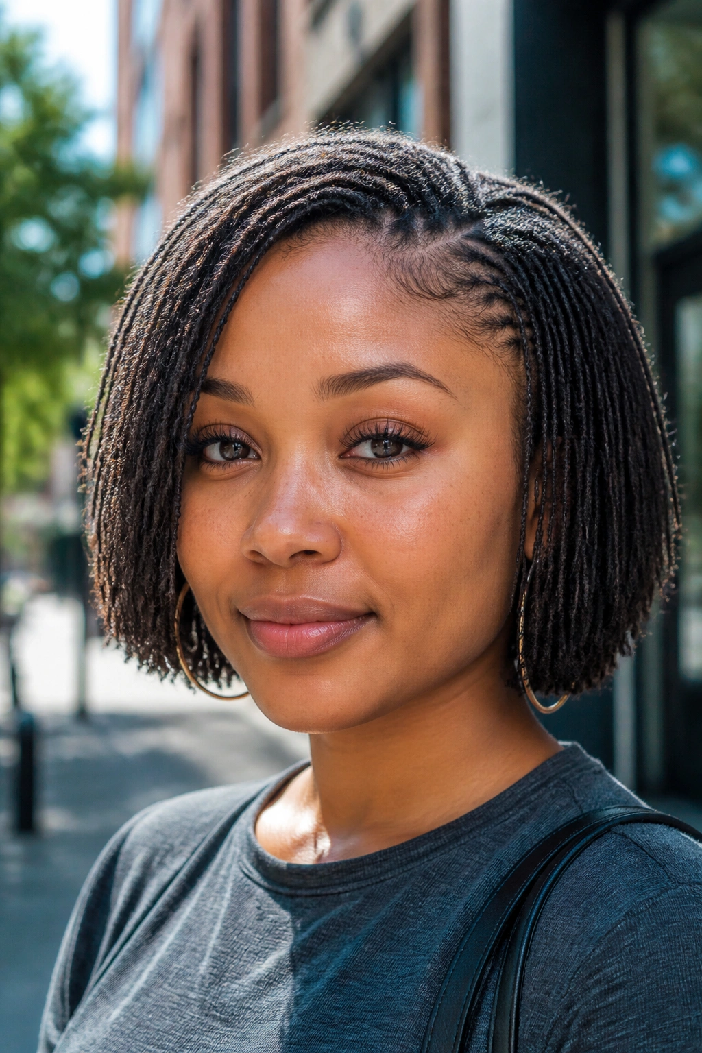 Portrait of a woman with sisterlocks micro loc bob