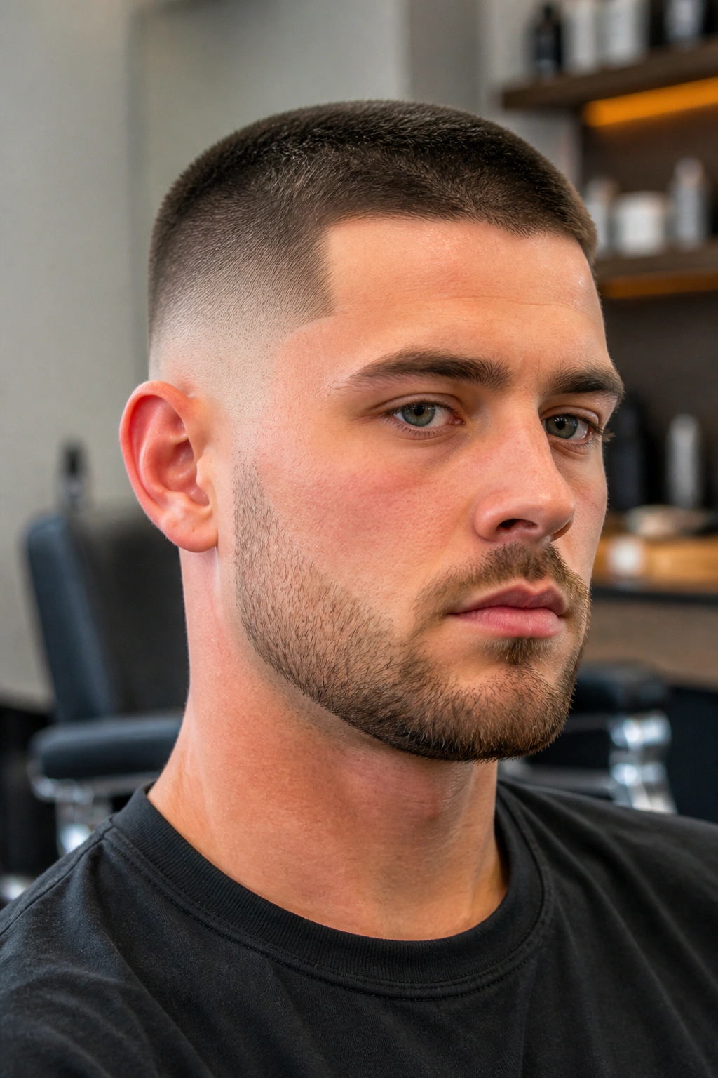 Close-up portrait of a man with skin fade buzz cut