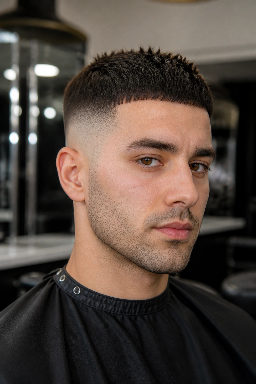 Close-up portrait of a man with a skin fade crop haircut in a barber shop